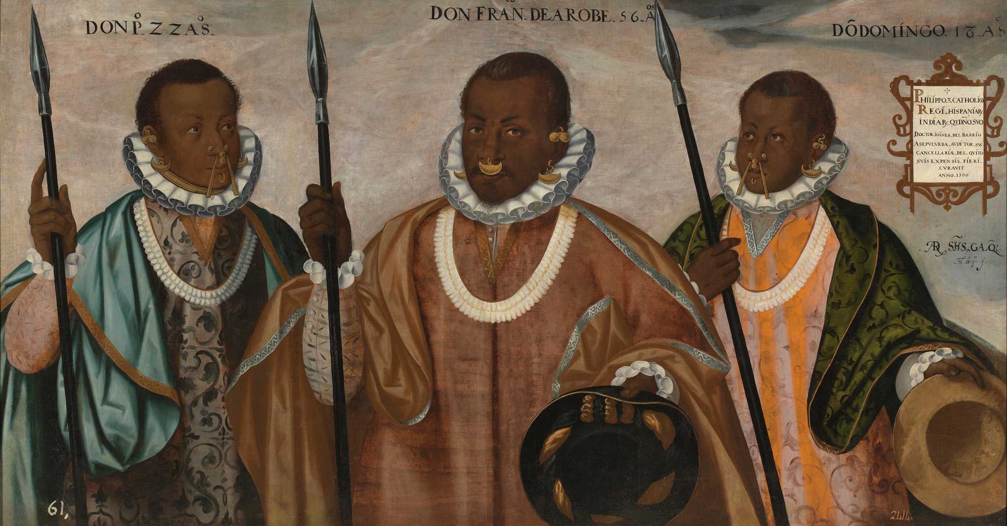 A painting of Don Francisco de Arobe with two other people on each side of him.