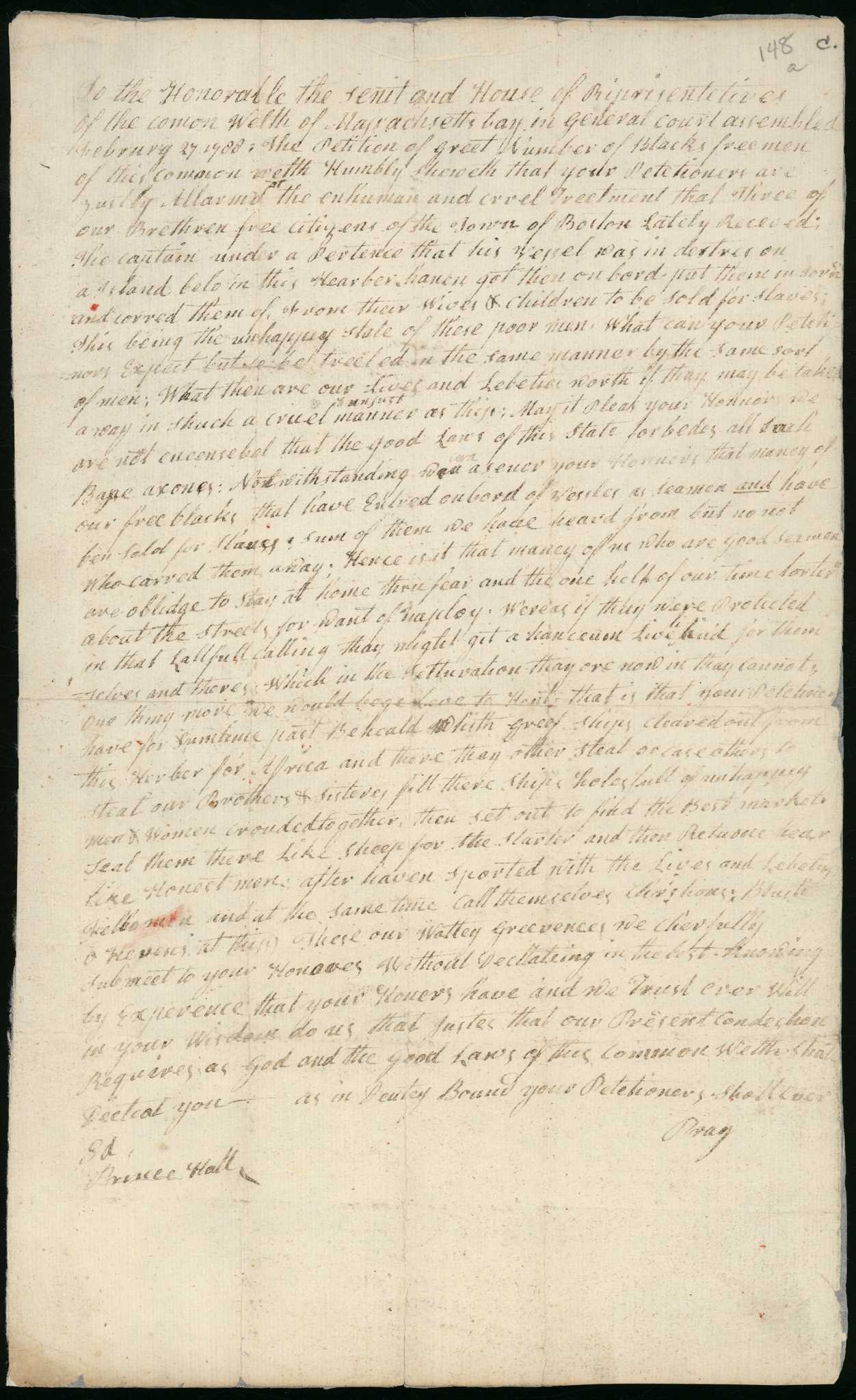 Image of Prince Hall’s Petition to the State of Massachusetts
