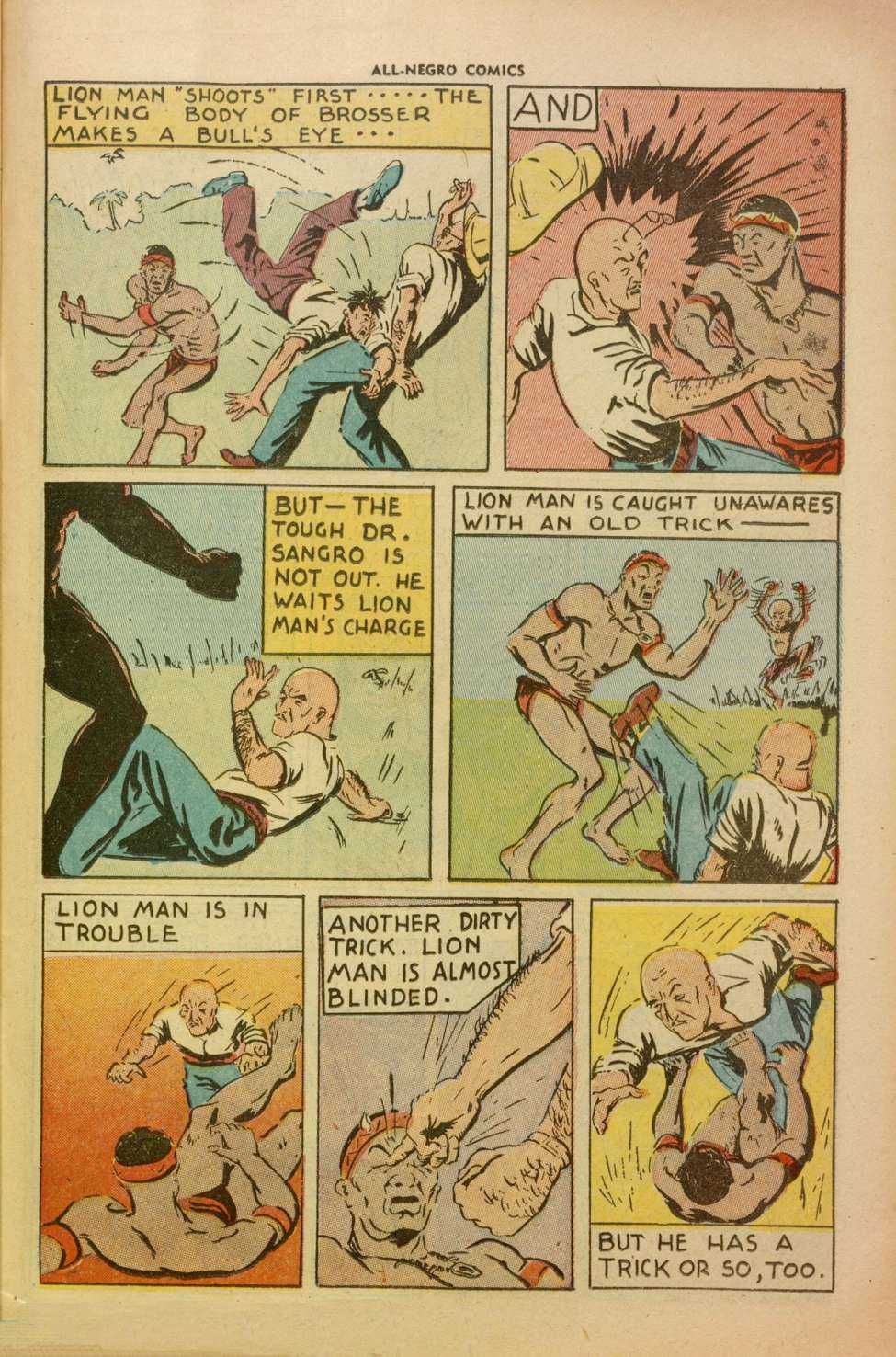 A page from The All-Negro Comics of Lion man fighting, and winning, against his opponent.