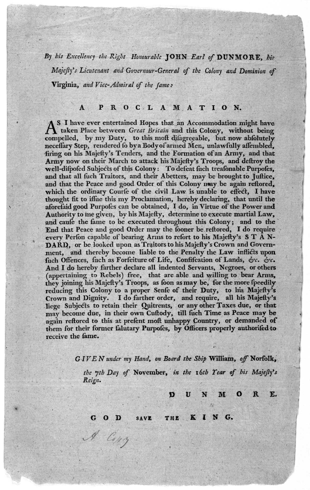 Image of Dunmore’s Proclamation document