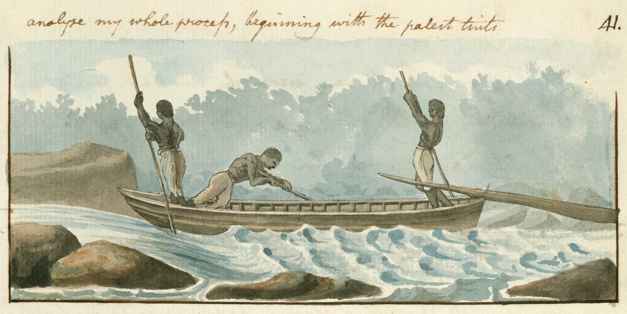 Illustration of three enslaved men steering a bateau