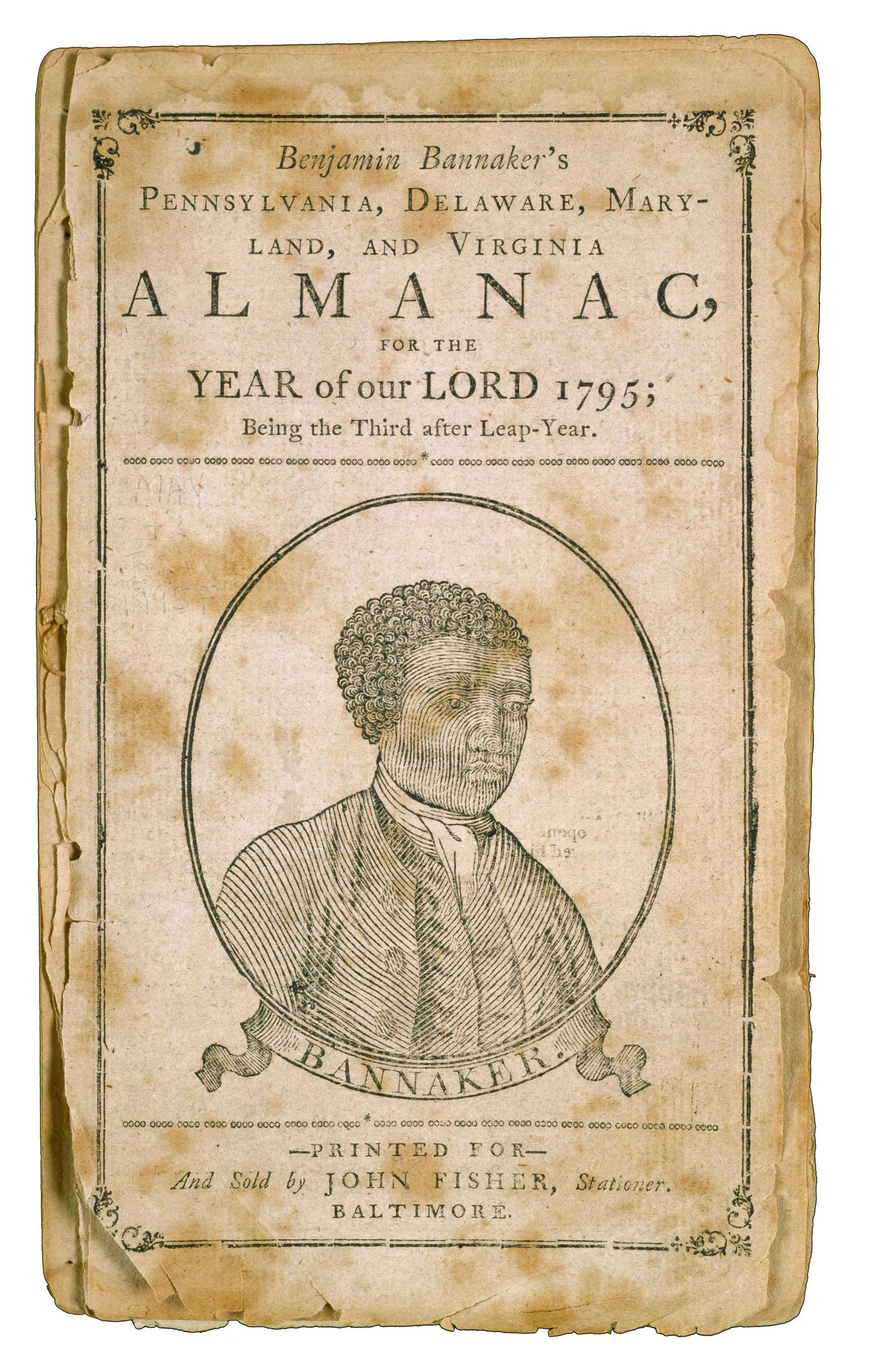 The cover page of Benjamin Bannaker's Almanac with a printed portrait of the author in the middle of the page.