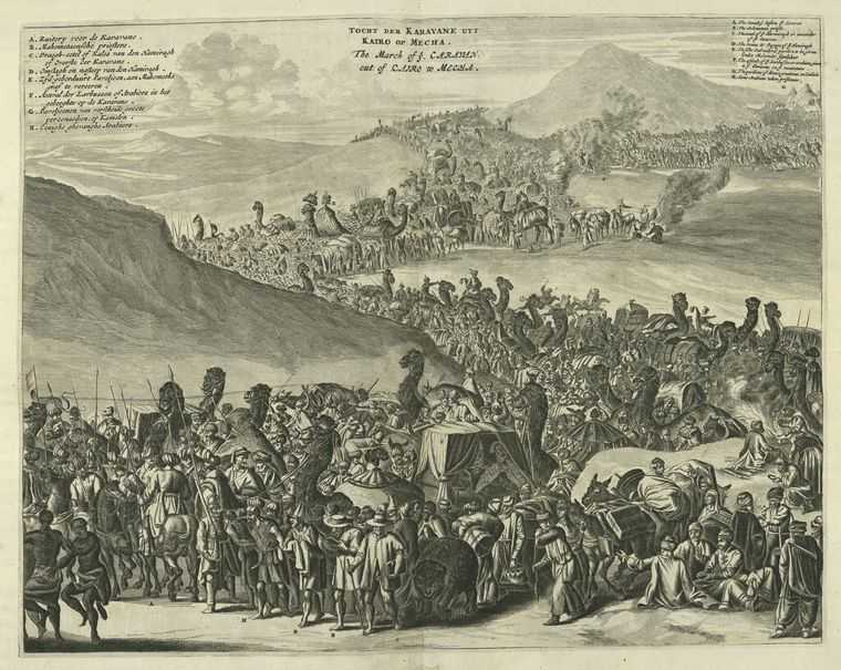 A black and white print of the march of people and their animals and belongs out of Cairo to Mecca.