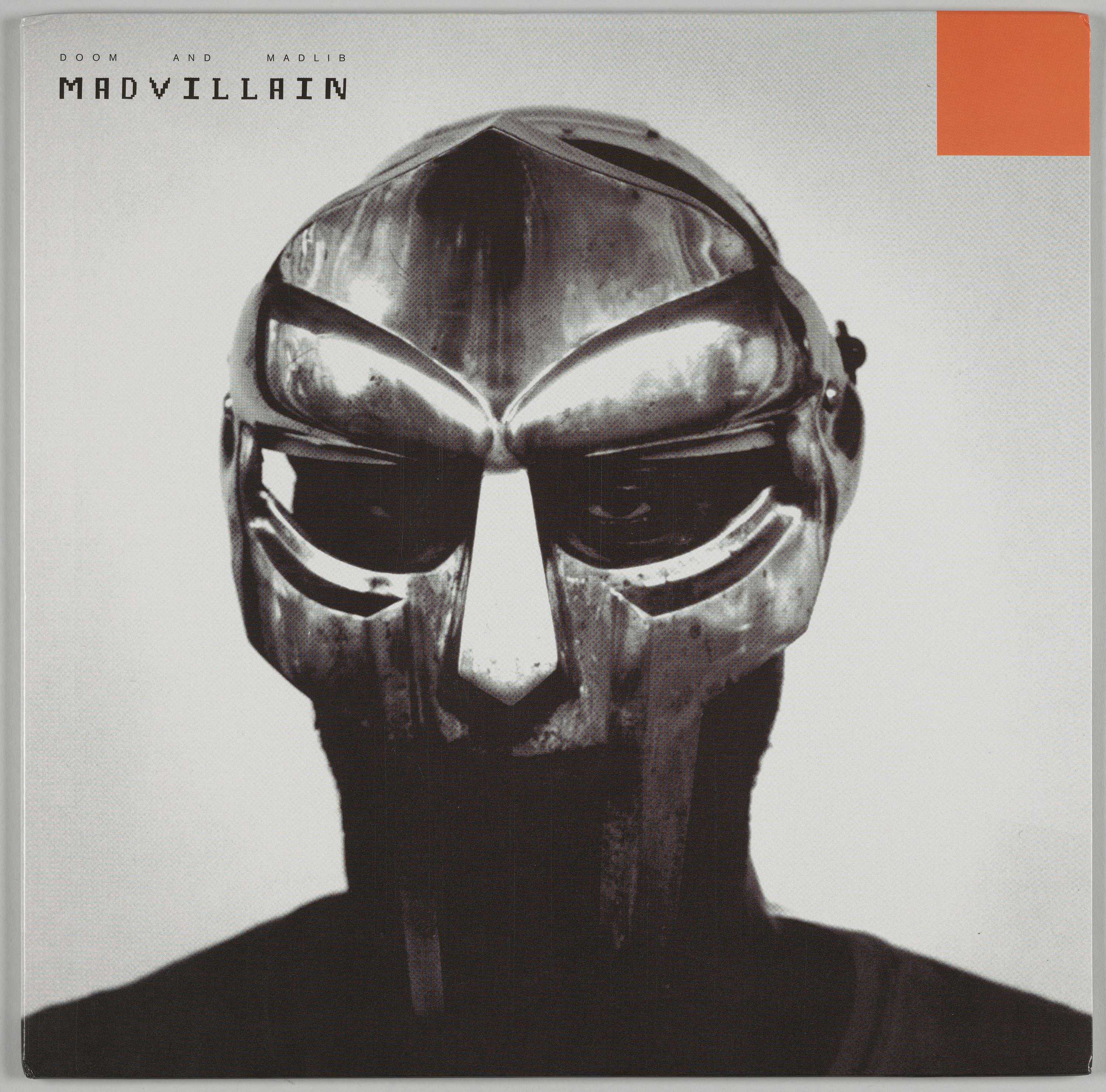 Madvilliany's cover is a black and white photo with Madvillian in a metal helmet that cover his face, except for his eyes.
