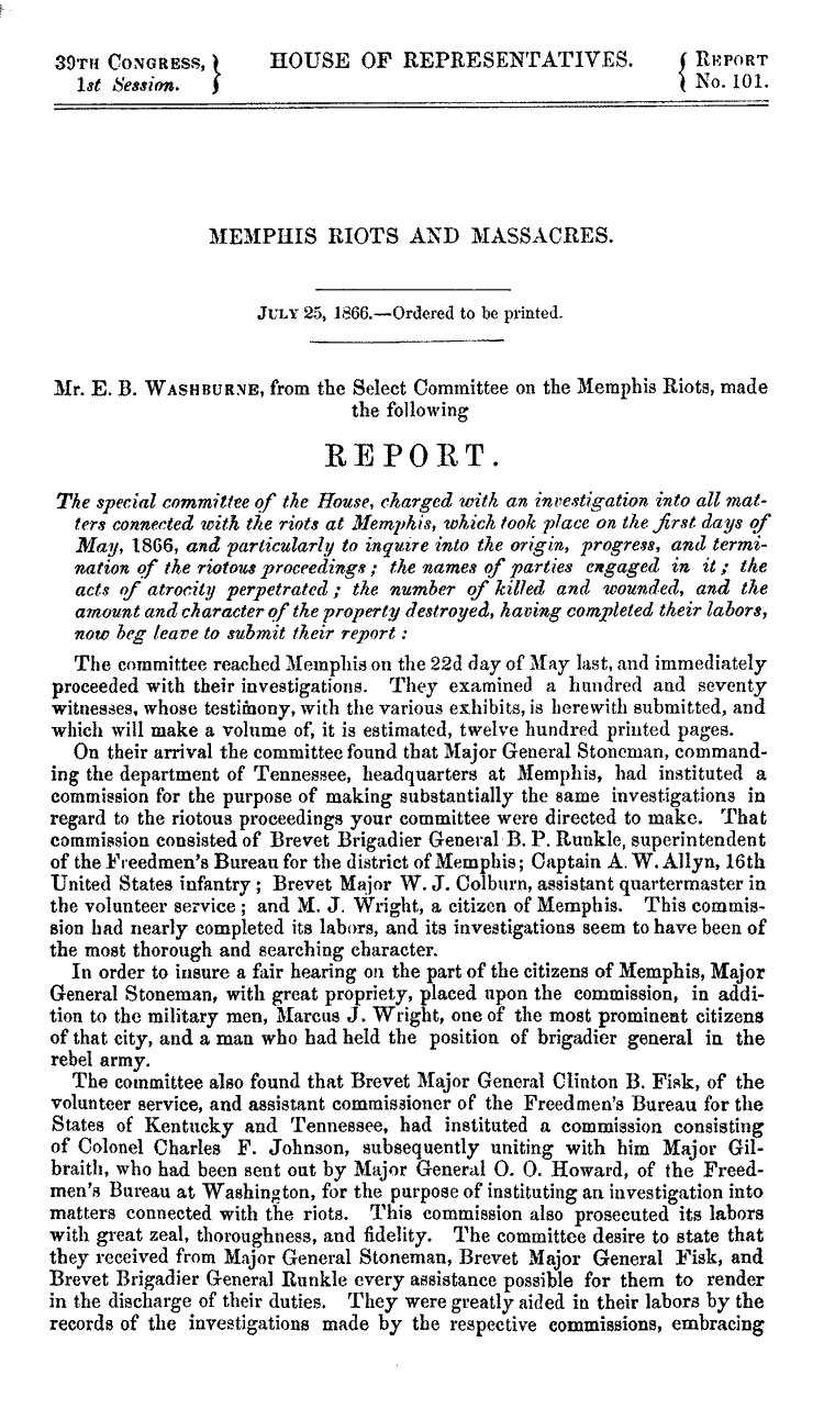 The first page of the Memphis Massacre 1866 by the House of Representatives.