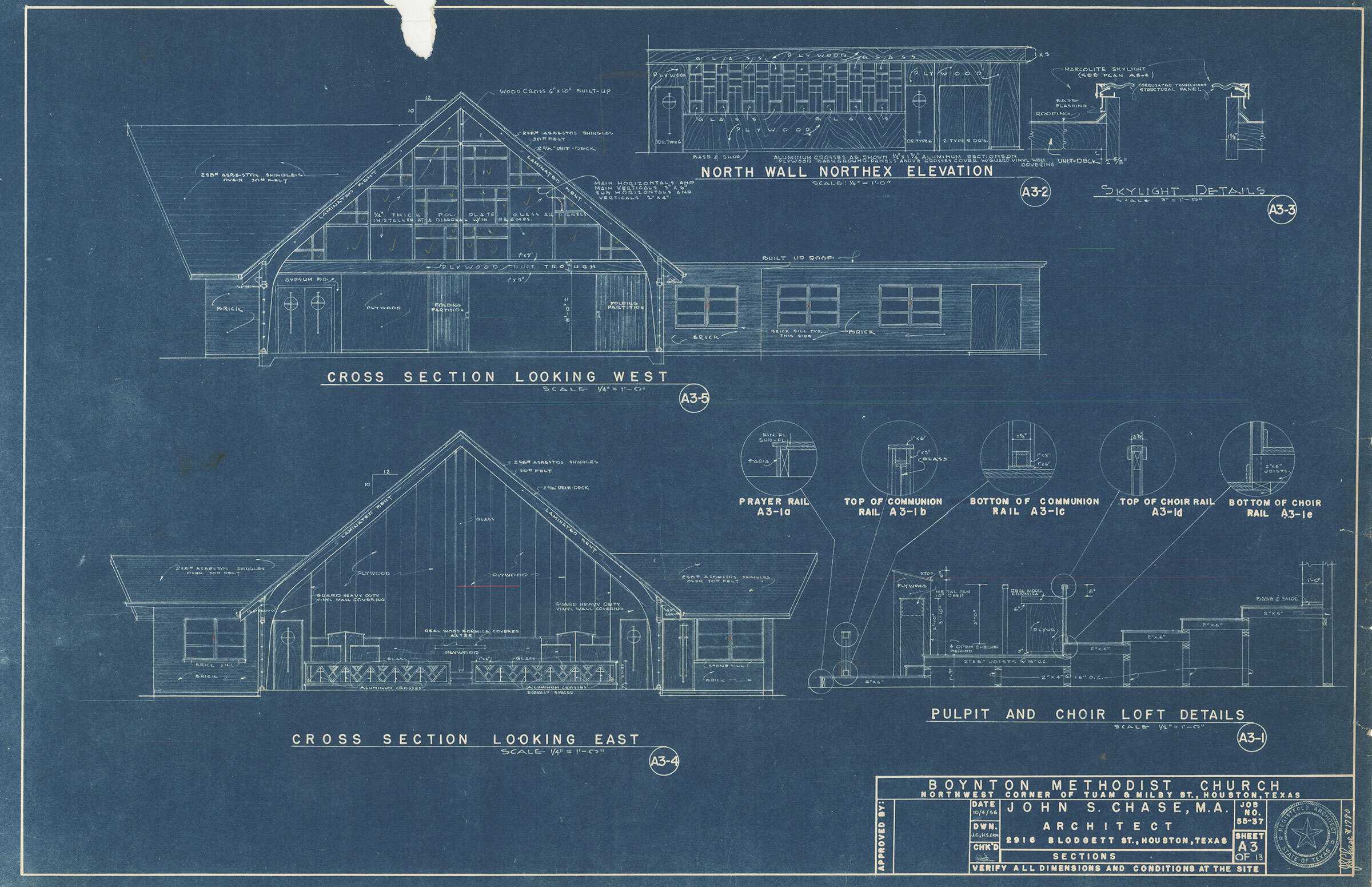 Blueprint of Boynton Methodist Church with elevation and cross-section views.