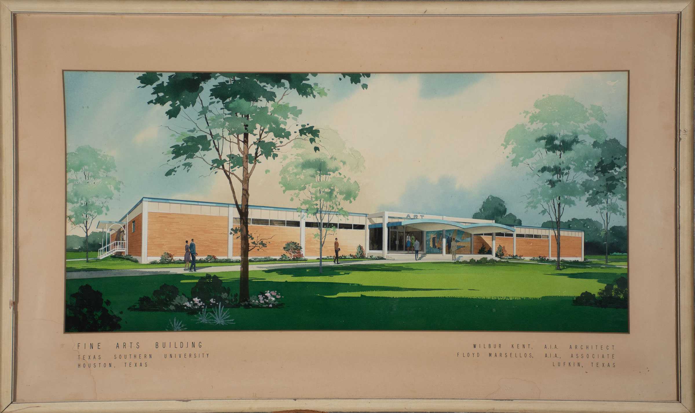 Illustration of the Fine Arts Building at Texas Southern University, showing a modern structure surrounded by trees and greenery.