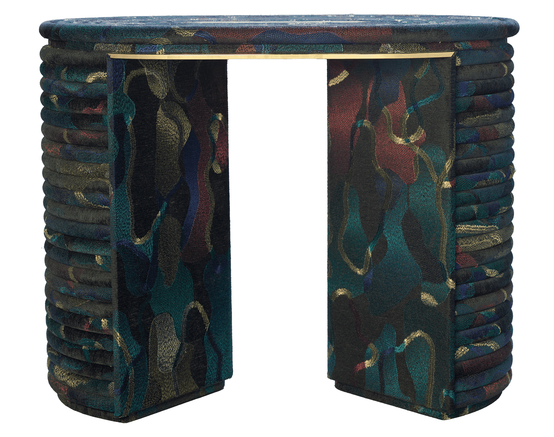 Upholstered stool with curved legs, wrapped in multicolored patterned fabric and featuring a rounded top and brass support.