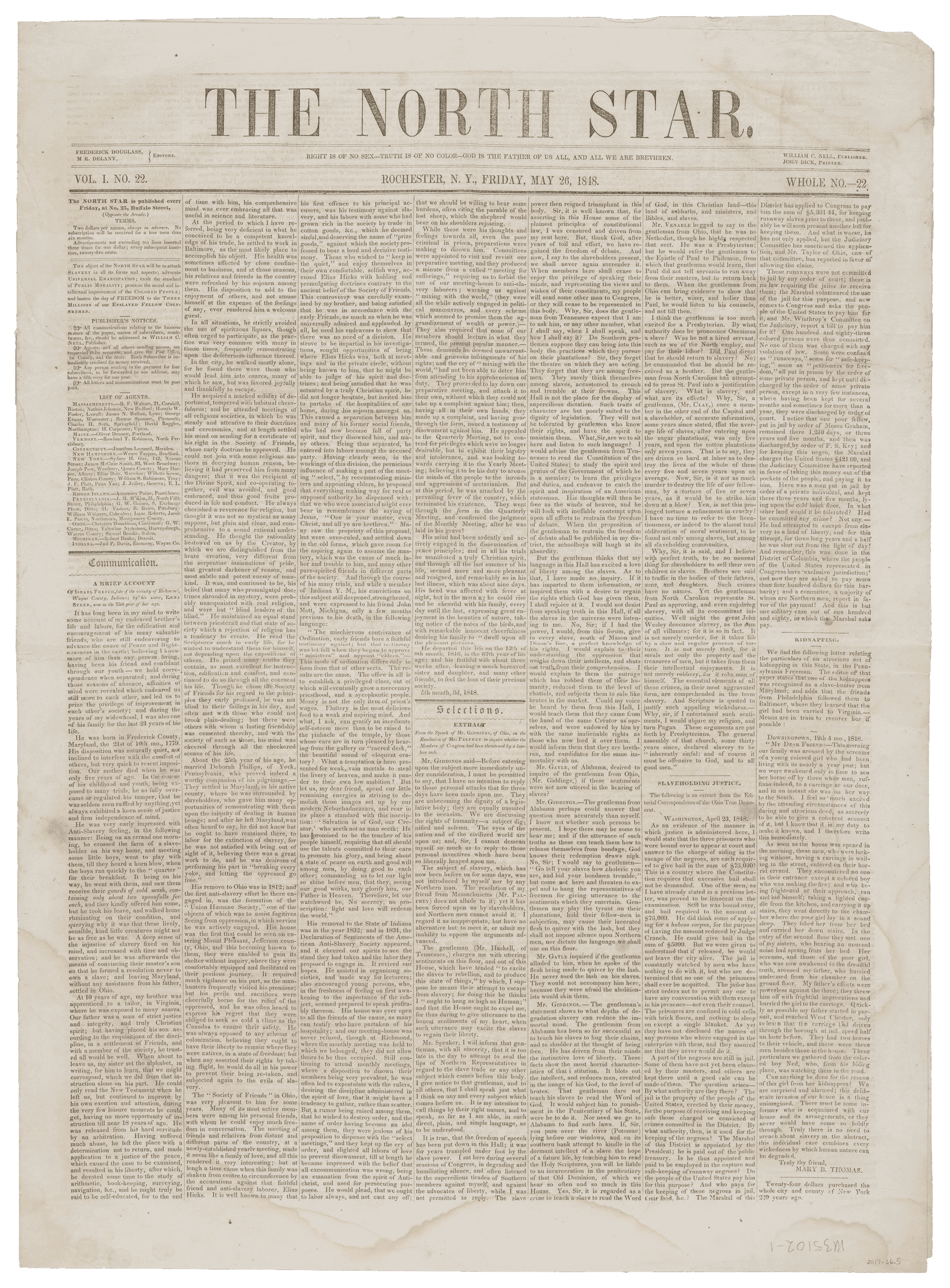 The May 26, 1848 issue of the North Star, Volume 1, Number 22.