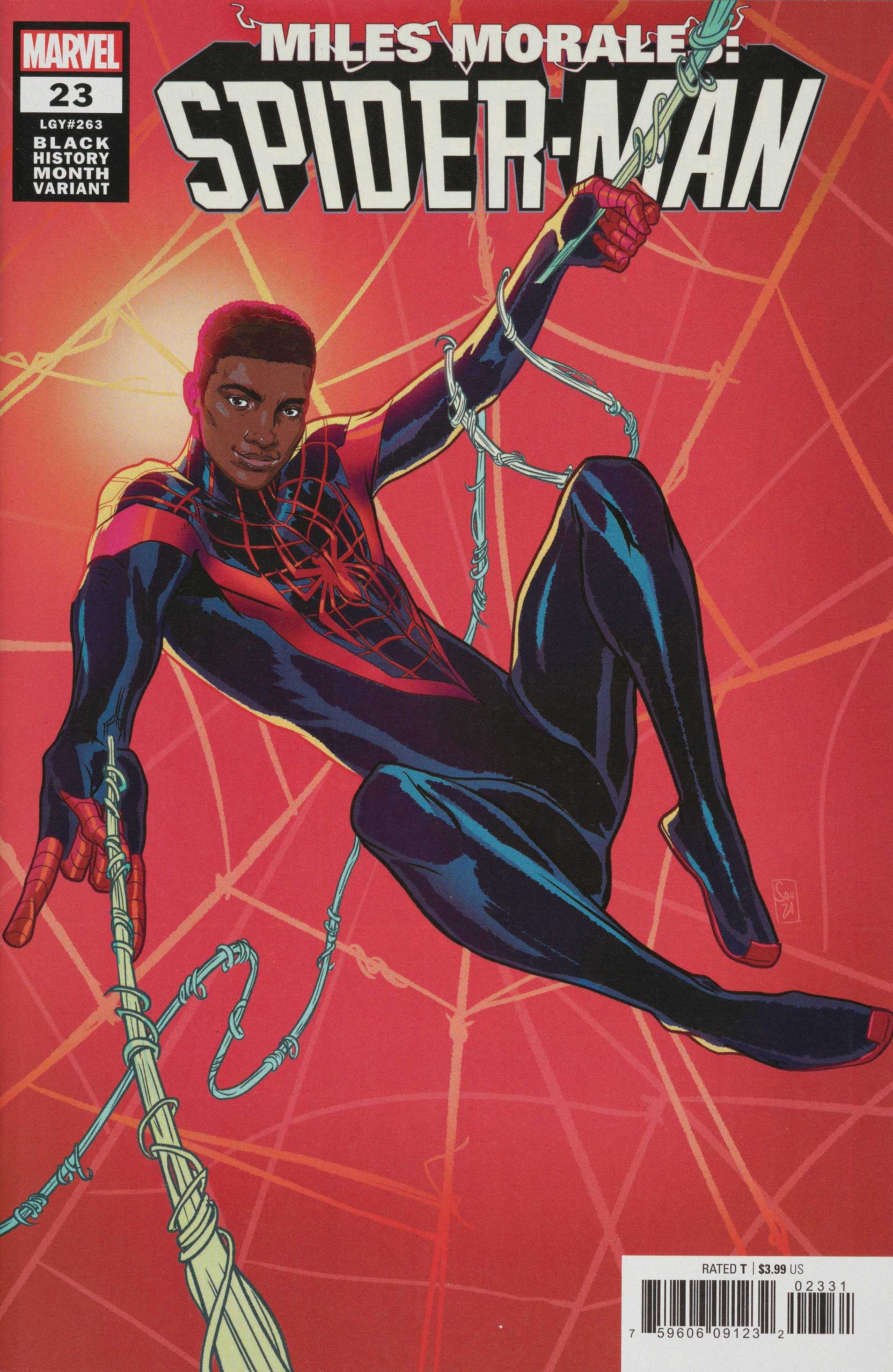 Spider-man comic book cover. Spider-man is swing throw on his webs against a red webby background.