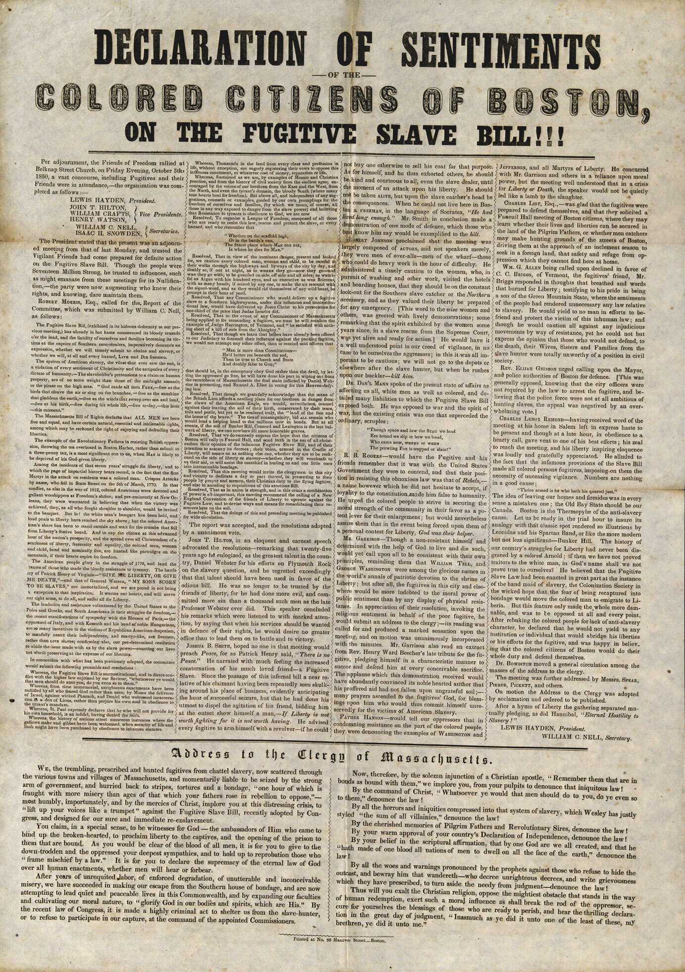 Newspaper with headline that reads "Declaration of sentiments of the Colored Citizens of Boston on the Fugitive Slave Bill"