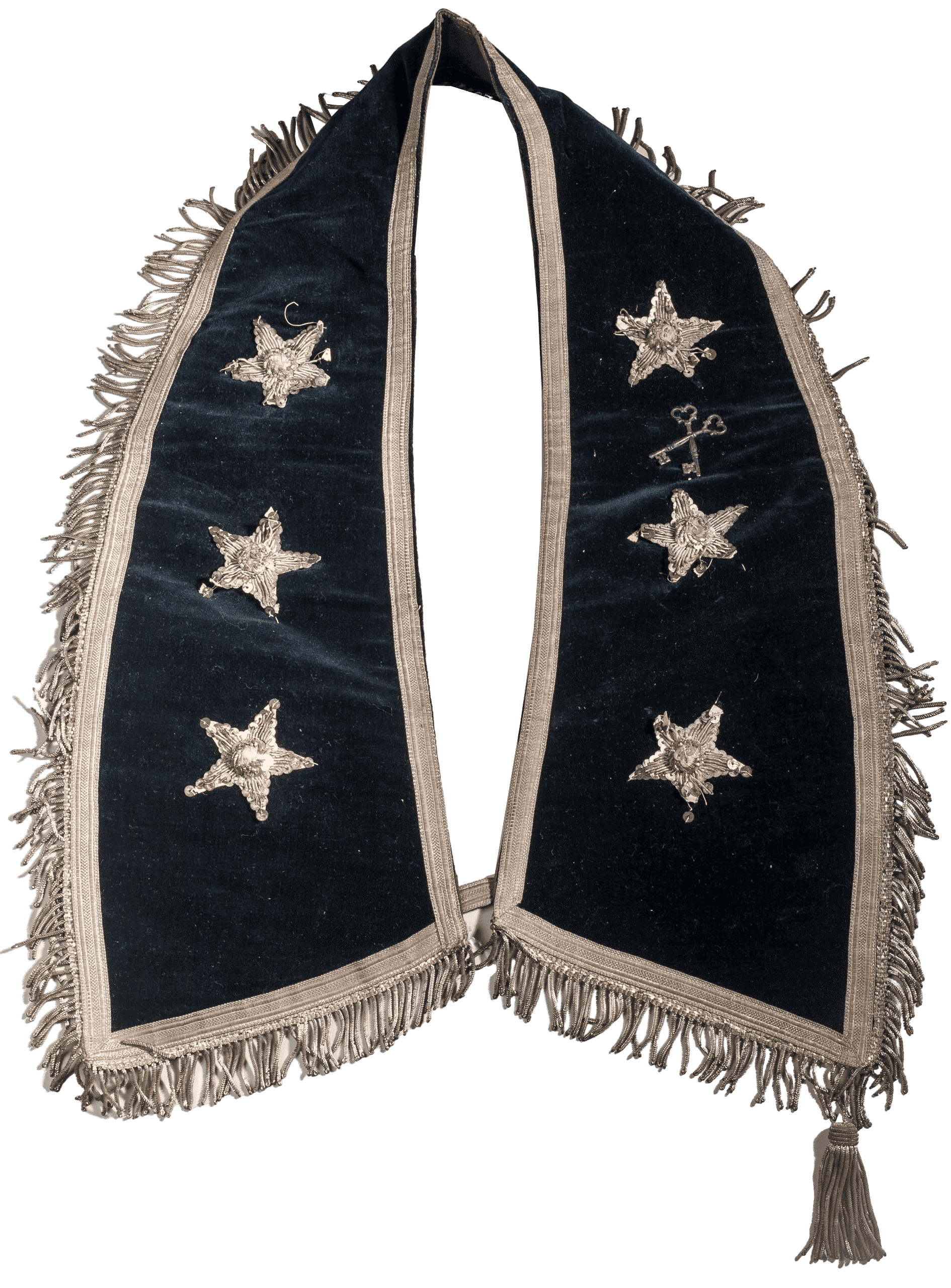 Blue velvet ceremonial collar embroidered with three stars, stacked one on top of the other on each side of the collar.   The collar  is trimmed with off white fringe and and one tassel.  There are two criss crossed keys embroidered between the first and second stars on the right hand side of the collar.