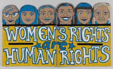 A placard used during the Women's March on Washington, January 21, 2017. The corrugated cardboard placard is mostly yellow with white and blue text. The top third of the placard depicts six (6) cartoon portraits of women of varying ethnicities. All the women are depicted from the chin up and they are all smiling and looking at the viewer. The woman on the far left is depicted with blue cat eyeglasses. The women second from the left is depicted with blue hair with straight bangs across her forehead and a black headband. The third woman from the left is depicted with curly hair and blue, diamond shaped earrings. The third woman from the right is depicted with braids on either side of her head. The women second from the right is depicted with black hair with straight bangs across her forehead. The woman on the far right is depicted with white hair and eyebrows. Below the women’s heads is a band of black plastic tape. The bottom two thirds of the placard are yellow with white painted text outlined with blue and blue painted text that reads [WOMEN'S RIGHTS / are / HUMAN RIGHTS]. The word [are] is accessed on either side with two (2) five (5) pointed blue stars. The words [WOMEN'S] and [RIGHTS] are underlined with black plastic tape. The back of the placard is undecorated brown cardboard. Thick pieces of clear tape hold the four (4) pieces of cardboard together that comprise the placard.