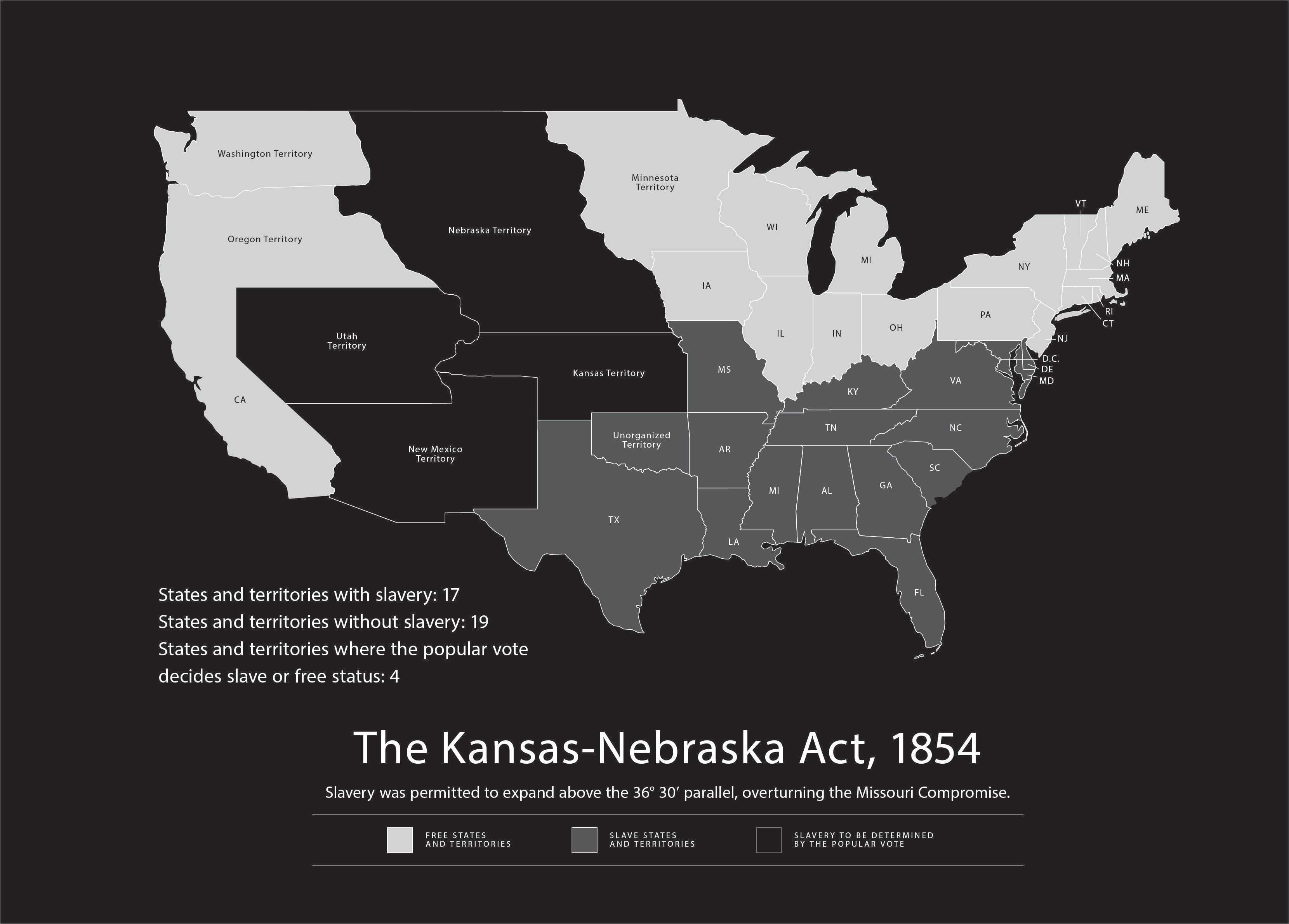 Map showing The Kansas-Nebraska Act, 1854