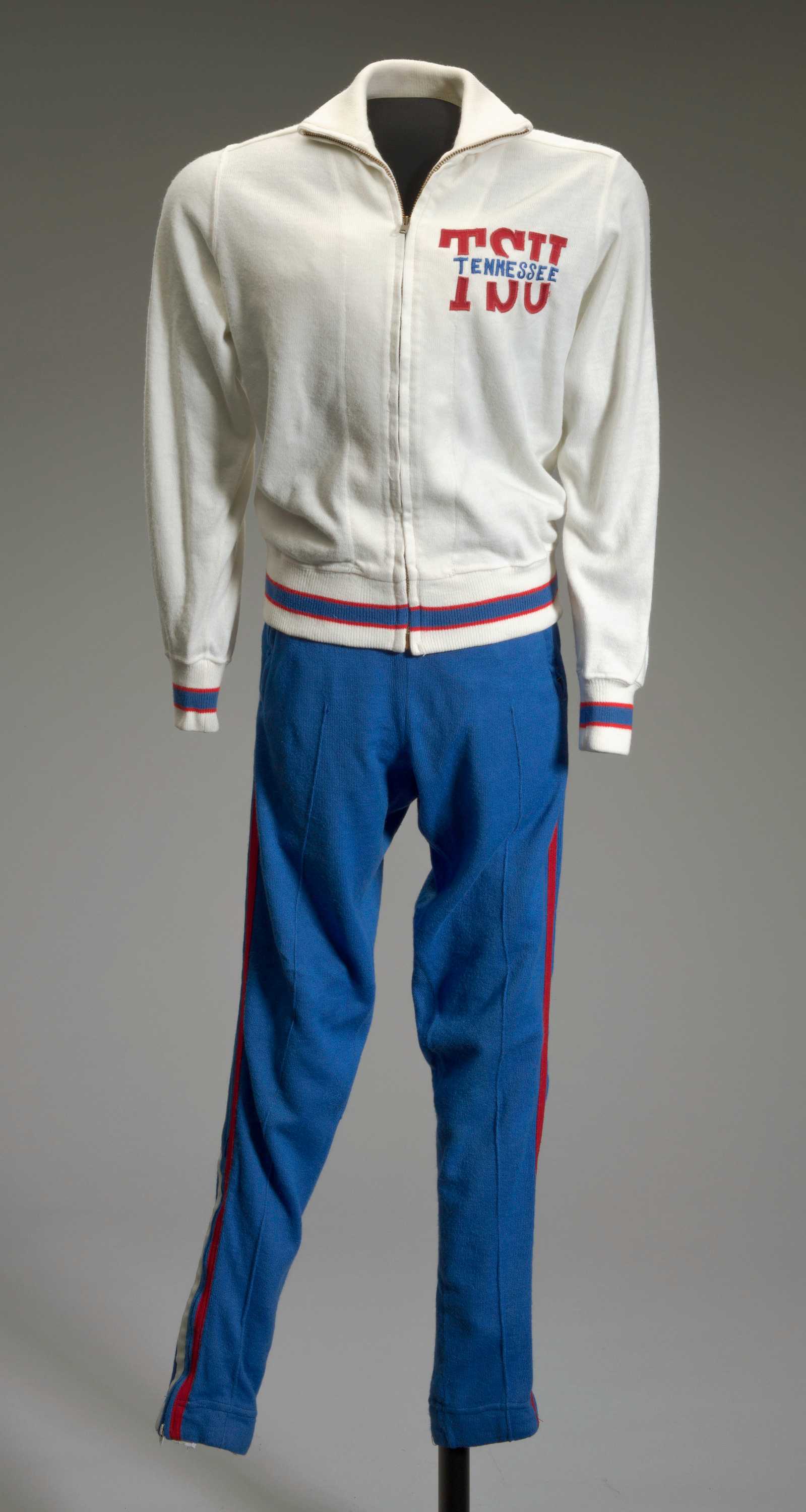 A jacket and pair of pants that are a two-piece warm-up track suit for the Tennessee State University Women's track team, the Tigerbelles, worn by Chandra Cheeseborough.
