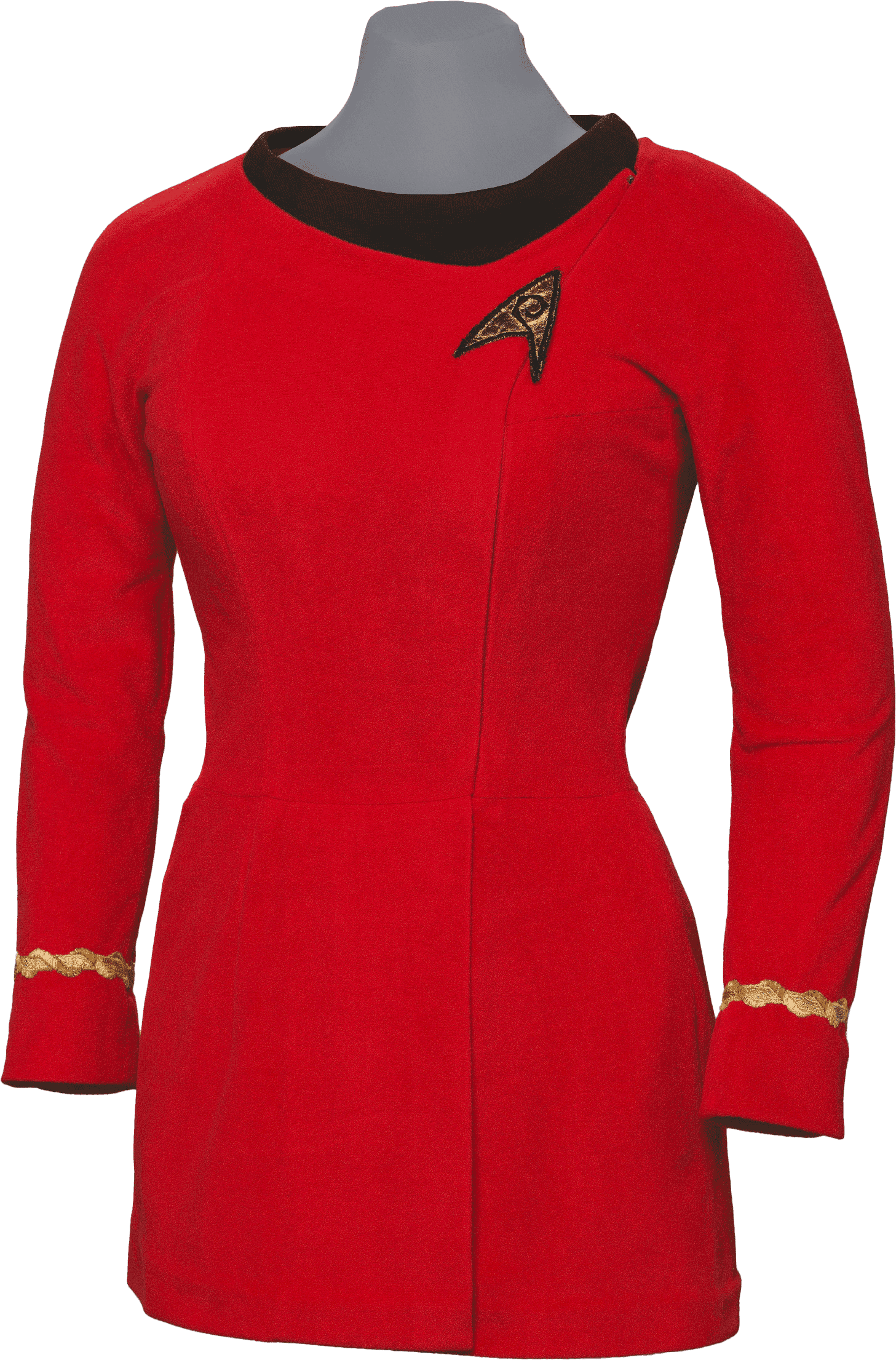 The bright red Starfleet uniform has 3/4th long sleeves and the Starfleet symbol on the right side of the collar.