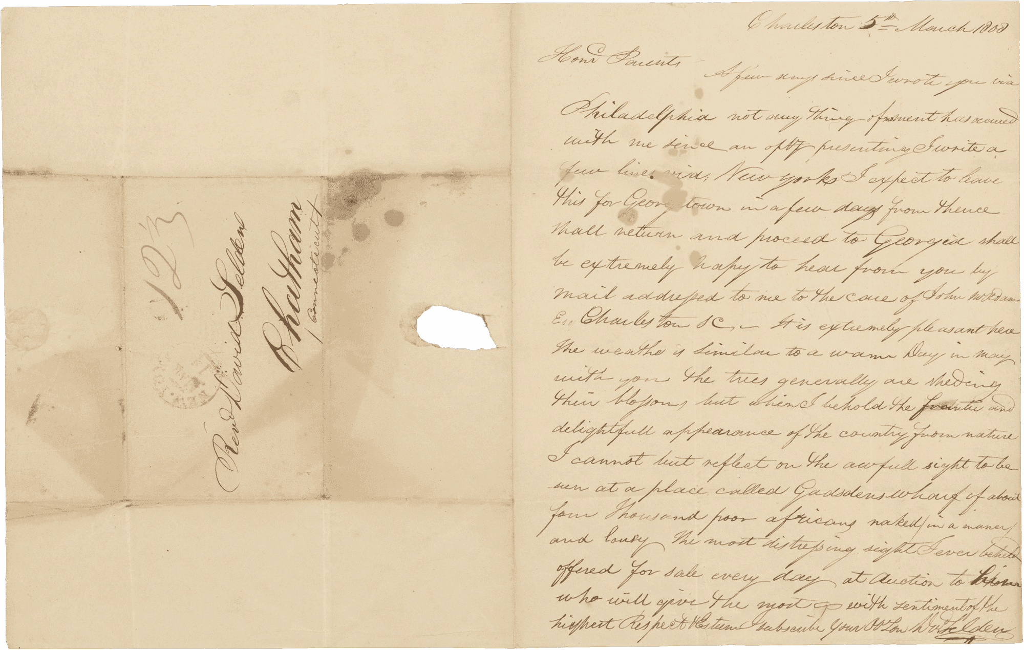 This letter was written from Charleston, South Carolina, on March 5, 1808, by David Selden to his parents in Chatham, Connecticut.