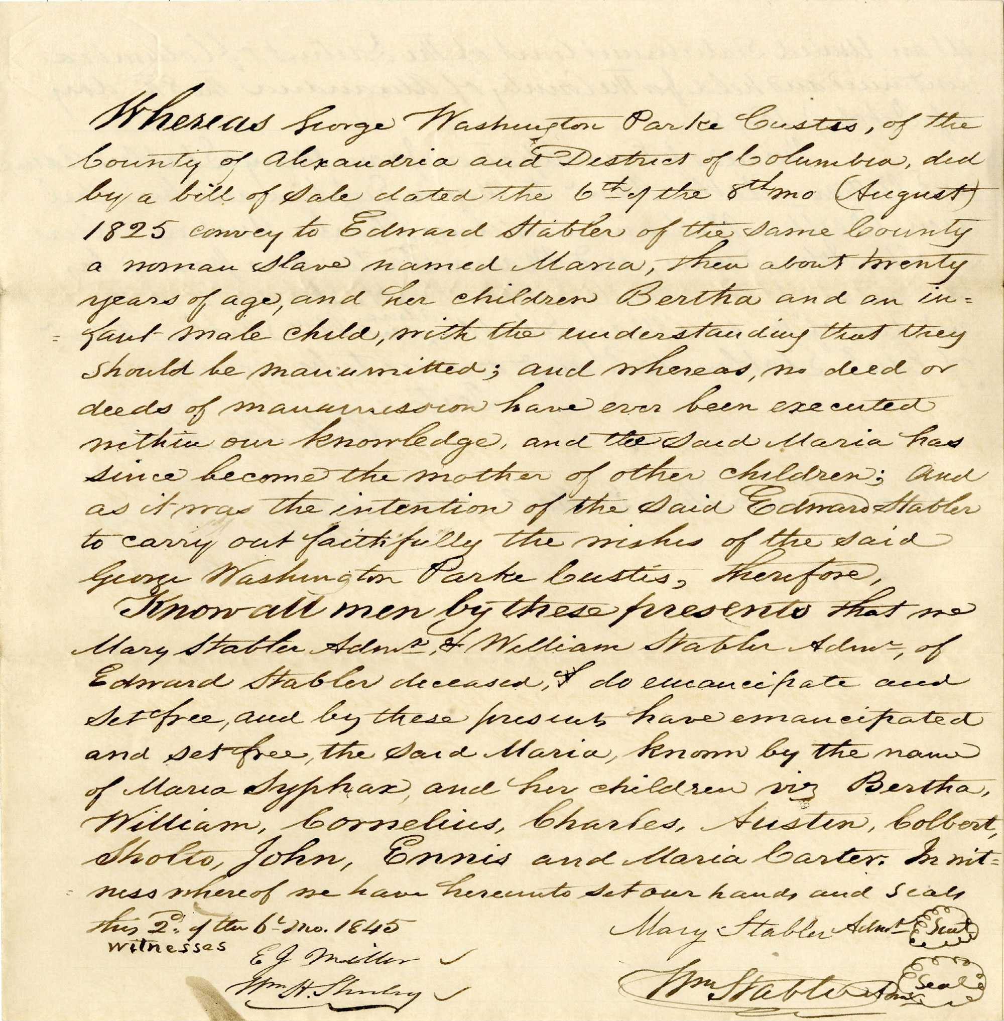 Handwritten 1846 document detailing the emancipation of Maria and her children by Mary Stabler's estate, fulfilling George Washington Parke Custis's wishes.