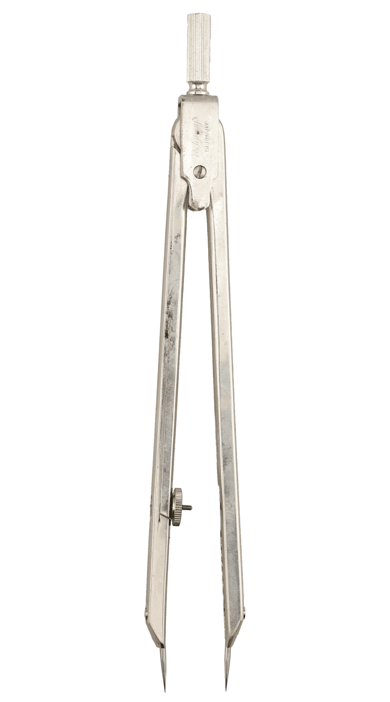 A metal divider which has a grooved handle at the top. The two (2) legs of the divider have a screw closure at the upper join.