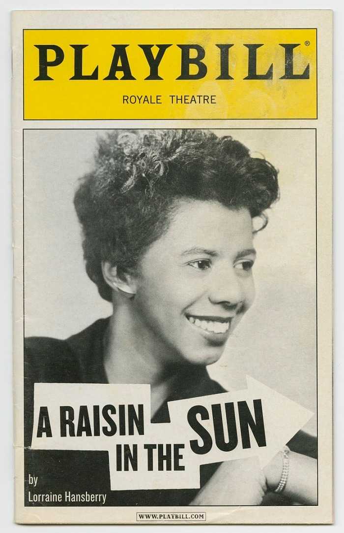 A Playbill for the stage production of Raisin in the Sun with a black and white portrait of Hansberry.