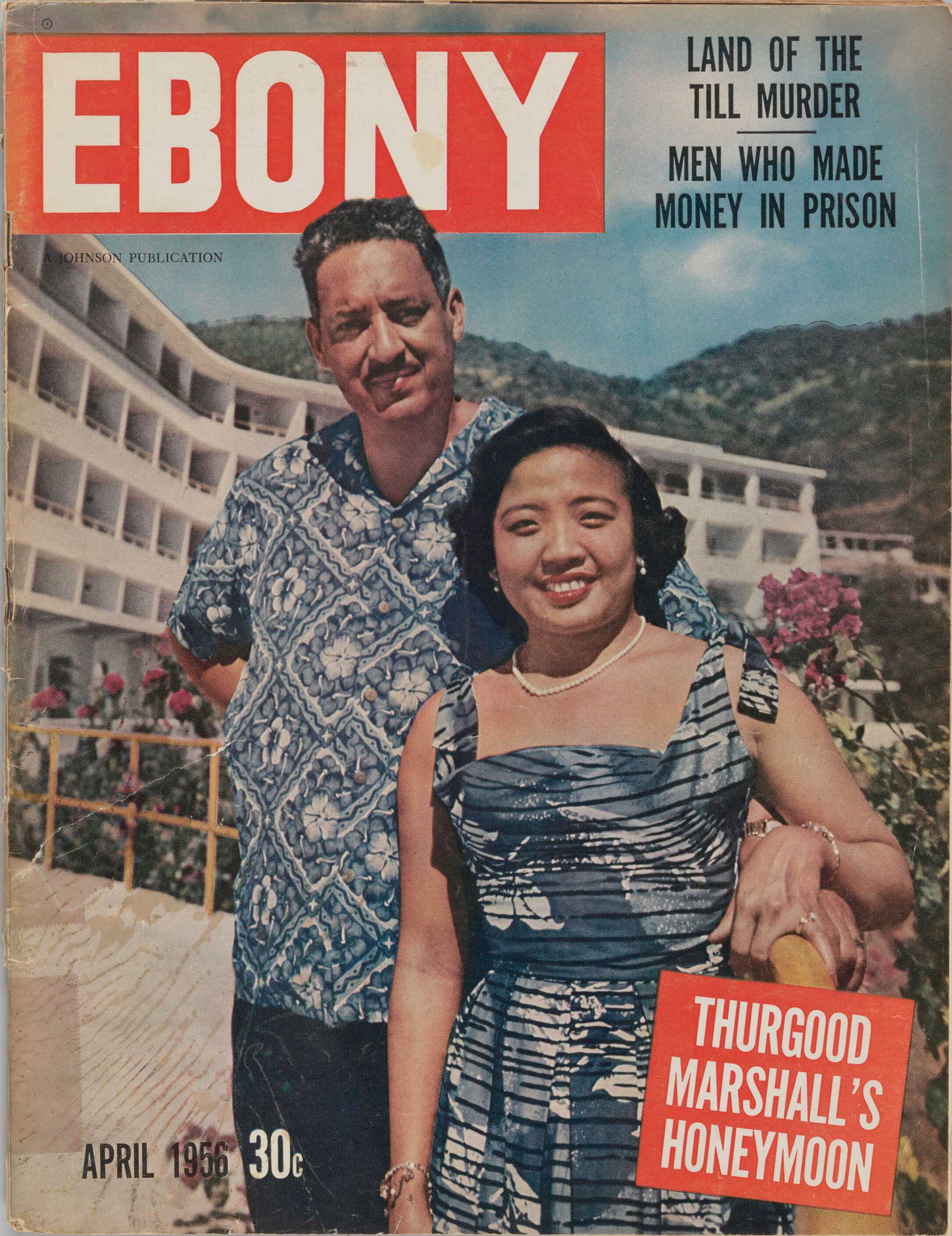 The April 1956 issue of Ebony magazine. The cover features a full-sized color photograph of Thurgood Marshall and Cecelie Suyat on their honeymoon in the Virgin Islands.