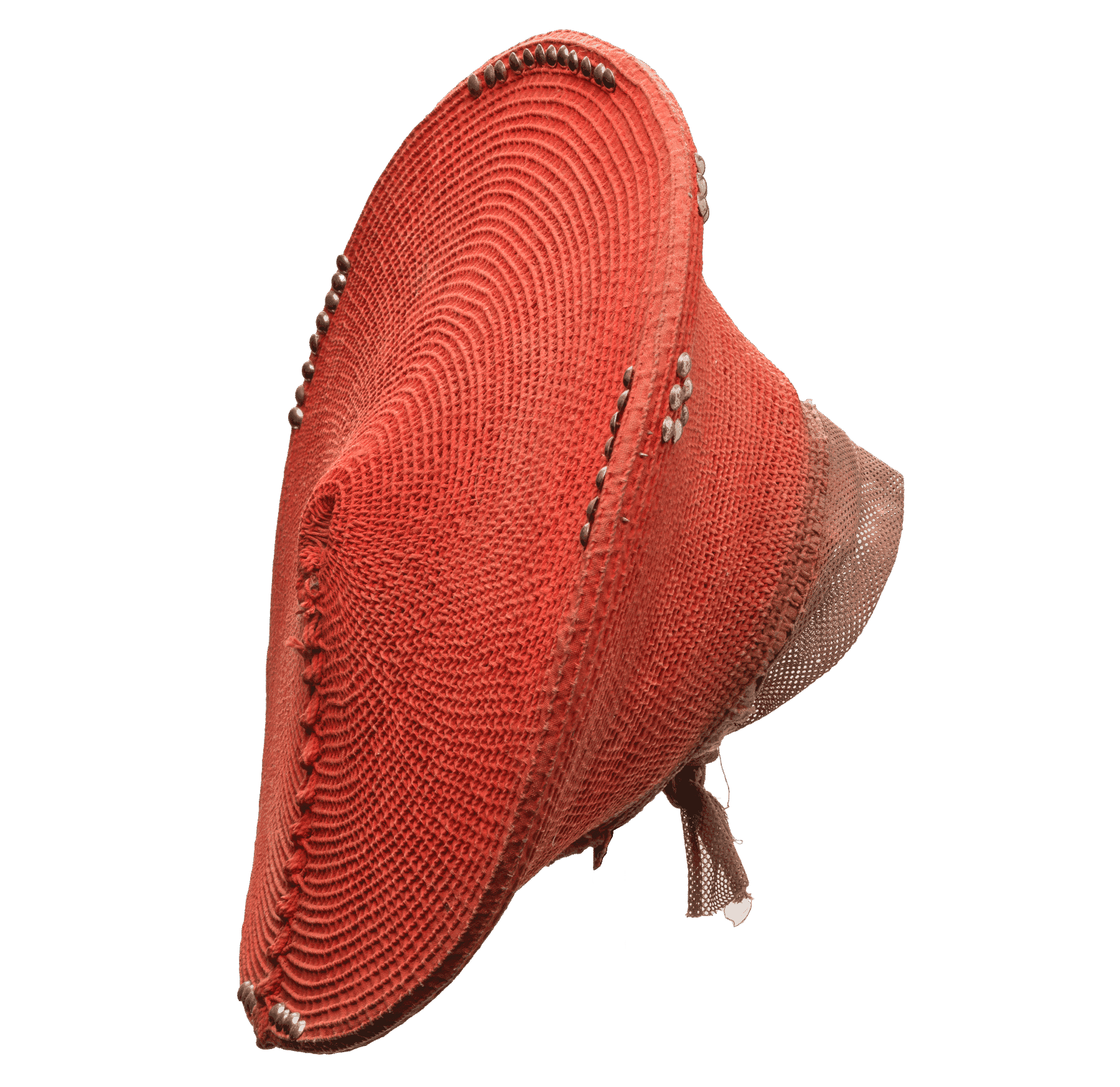 A woven, coral colored hat made of grass fiber, fat, ochre, metal, and pigment.