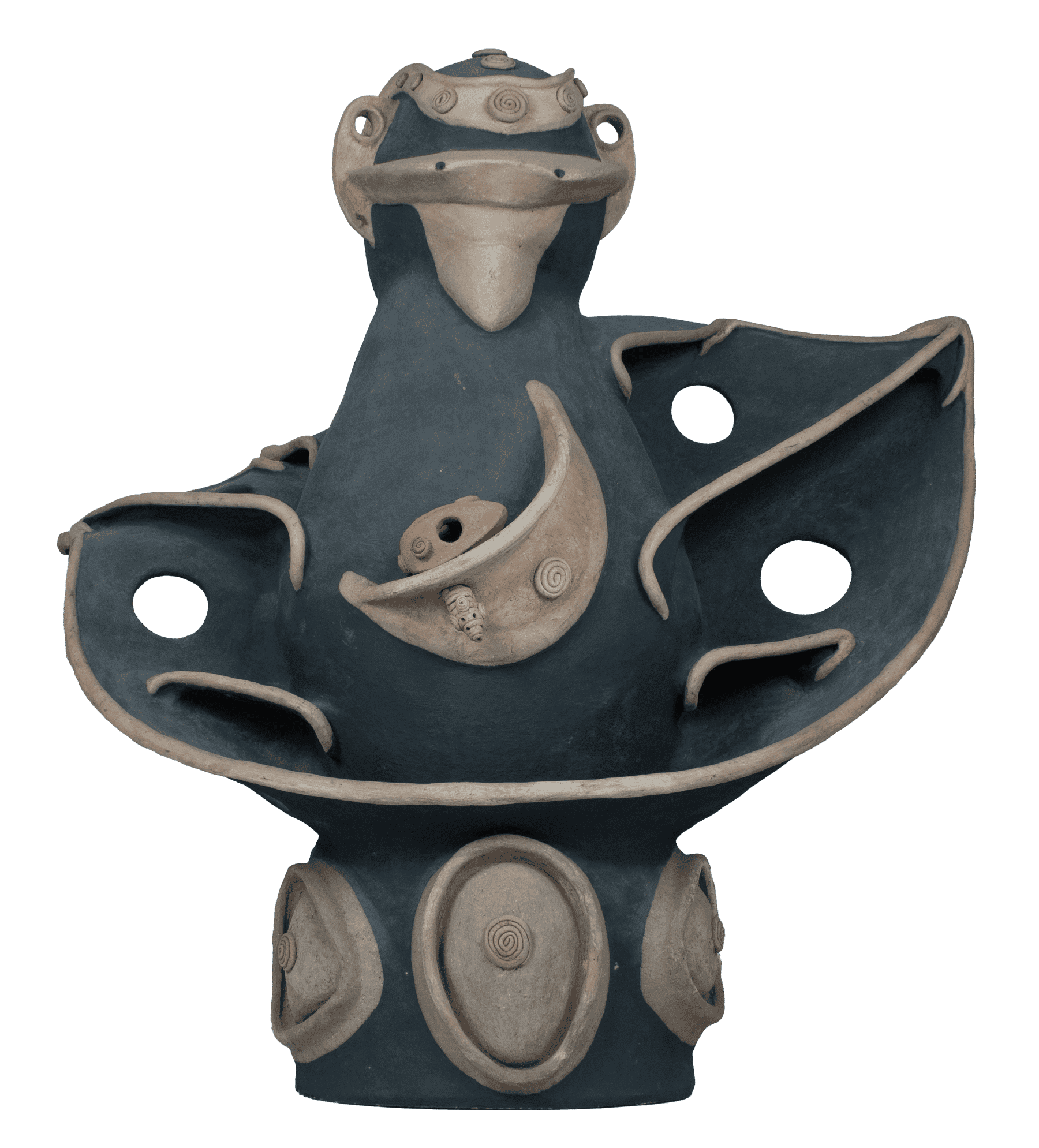 Sculpture of an owl with spiraled embellishments on the head and symmetrical holes on the wings, with a gray slip painted on the body. In the middle of the figure’s body, a crescent shape cradles a small egg, perhaps referencing owls’ nocturnal natures.