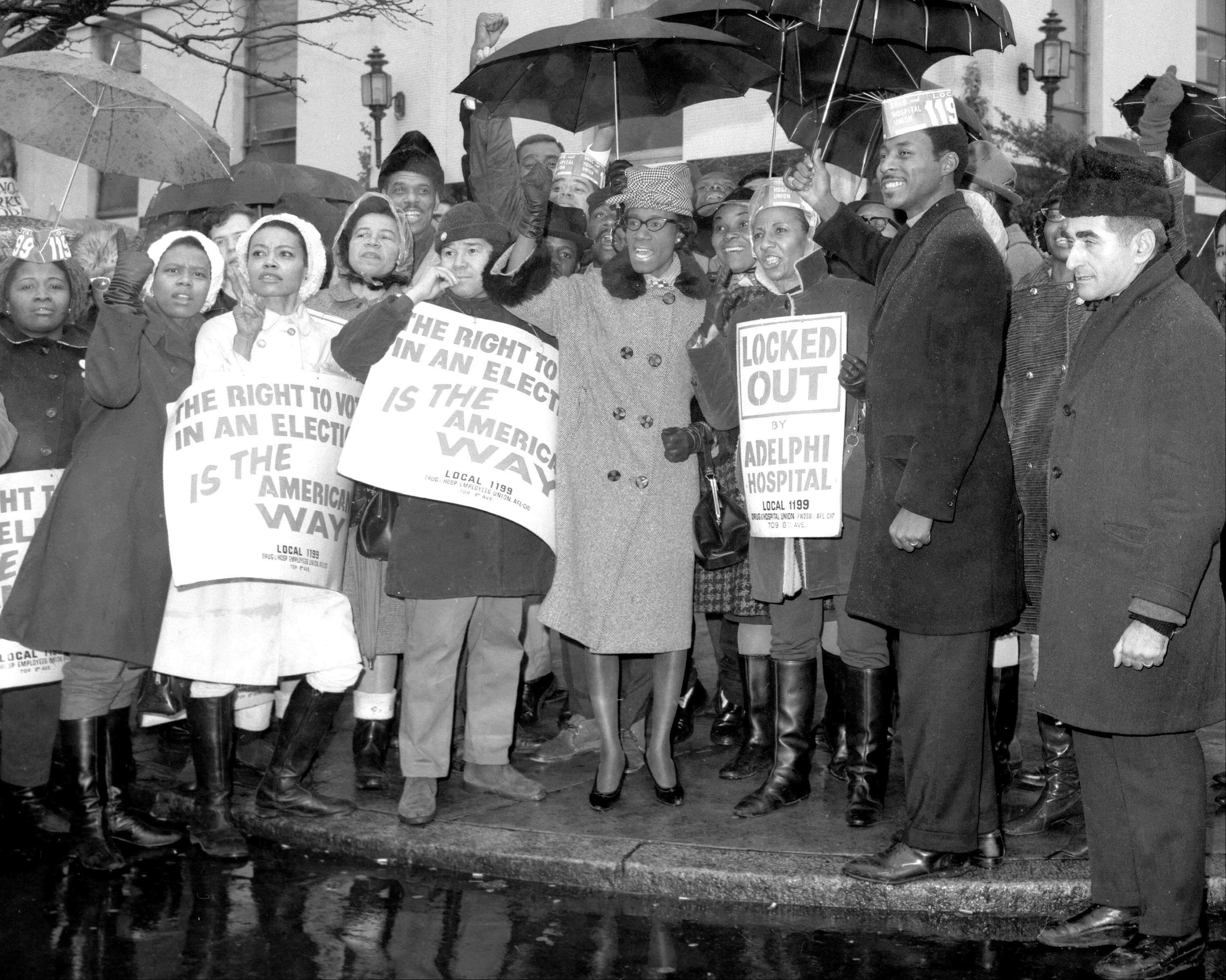 Photograph of Shirley Chisholm supporting hospital workers’ strike