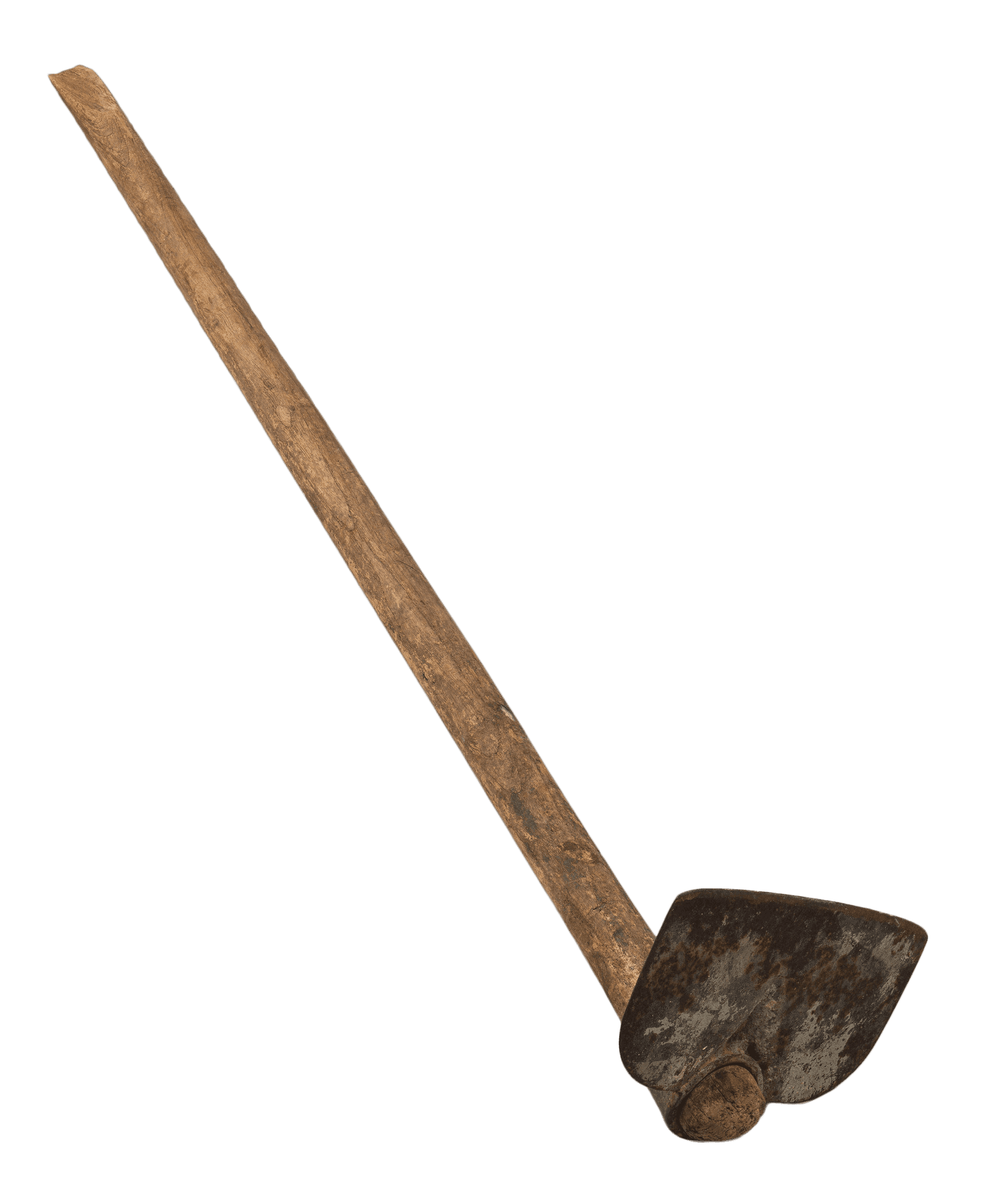 A draw hoe with a wooden handle, a perpendicular hoe blade and a straight cutting edge. The handle is long and split diagonally near the top.