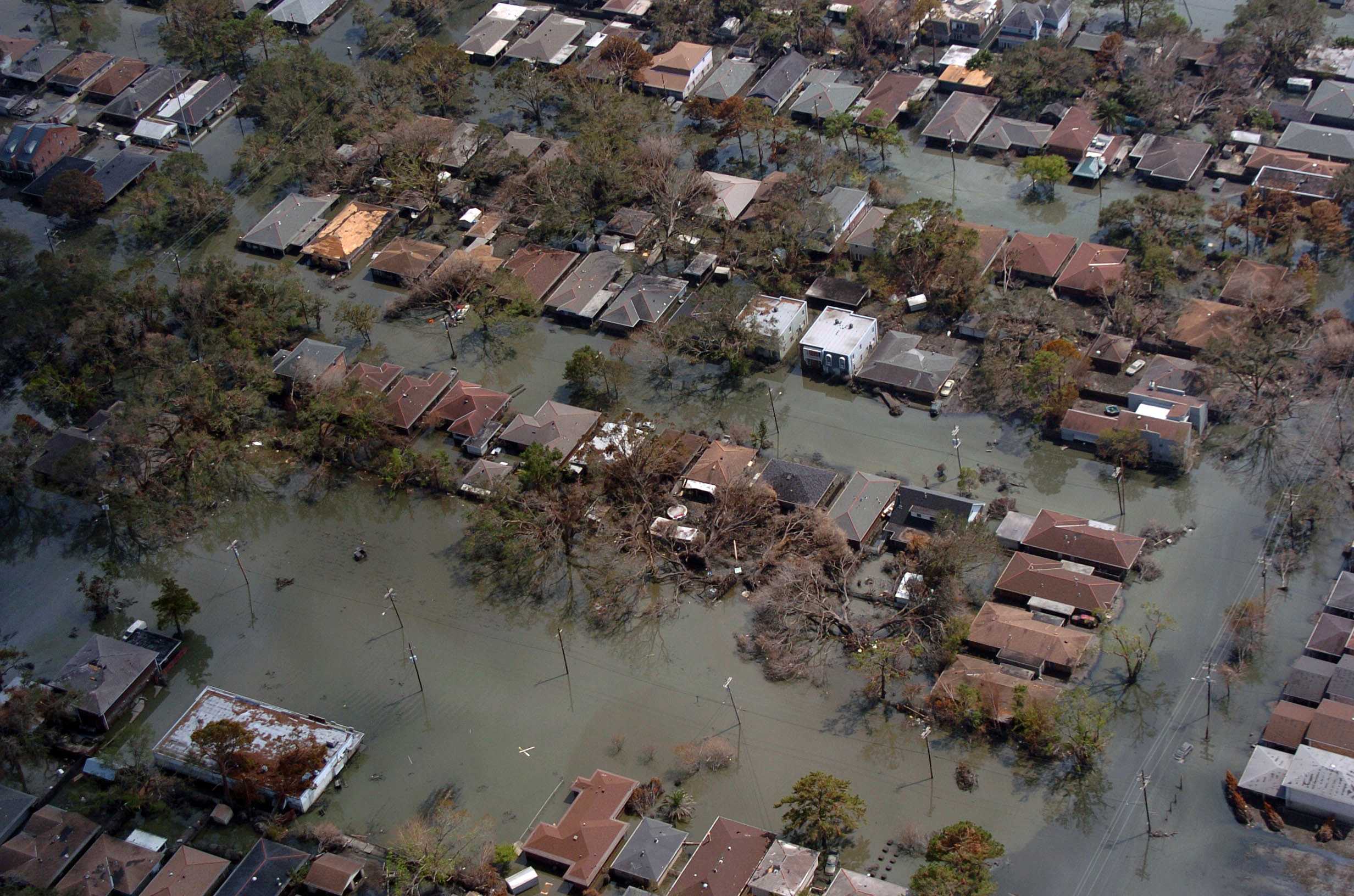 A view from above of a neighborhood flooded from Hurricane Katrina