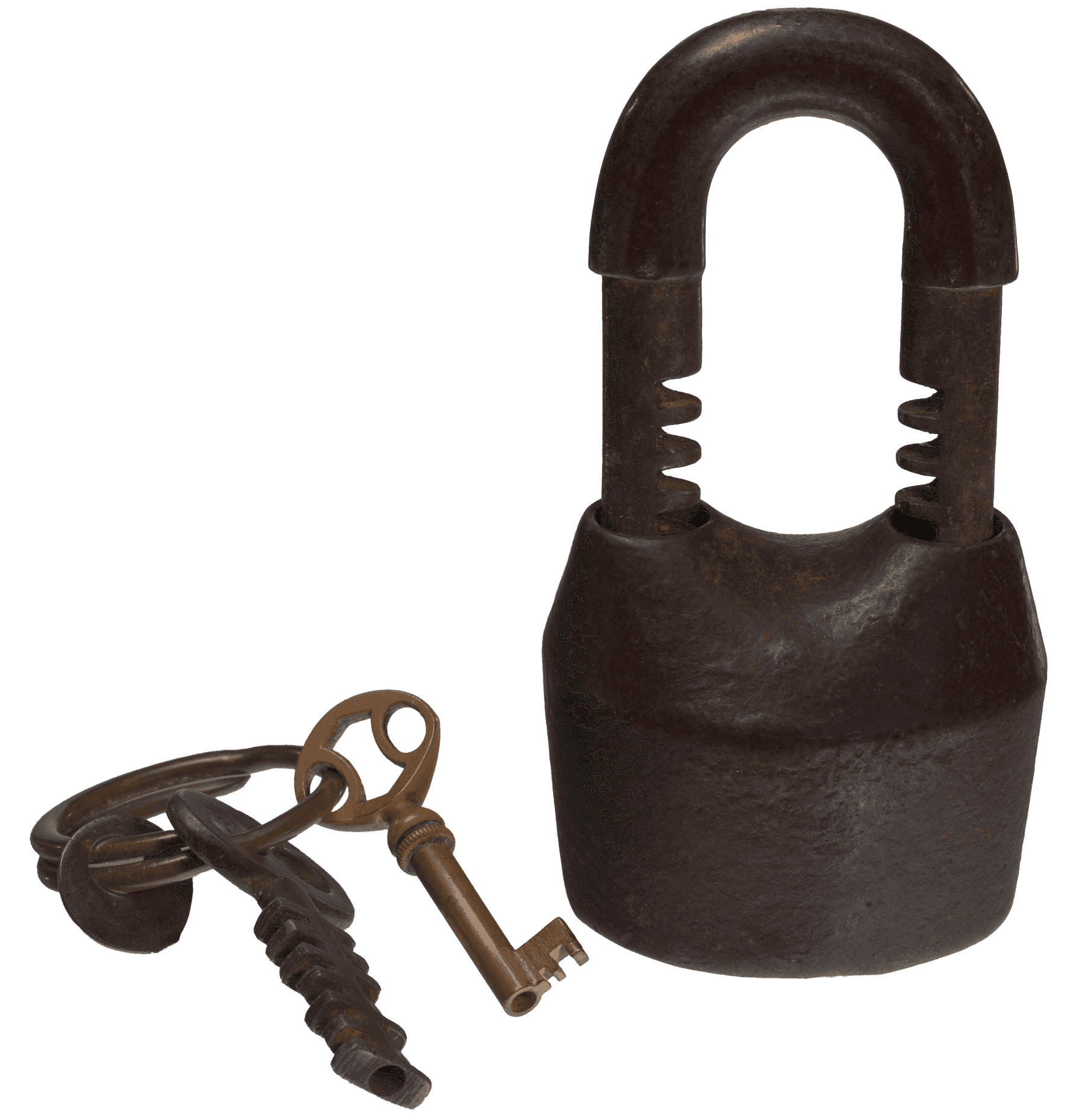 Iron padlock displayed with key chain with 2 keys