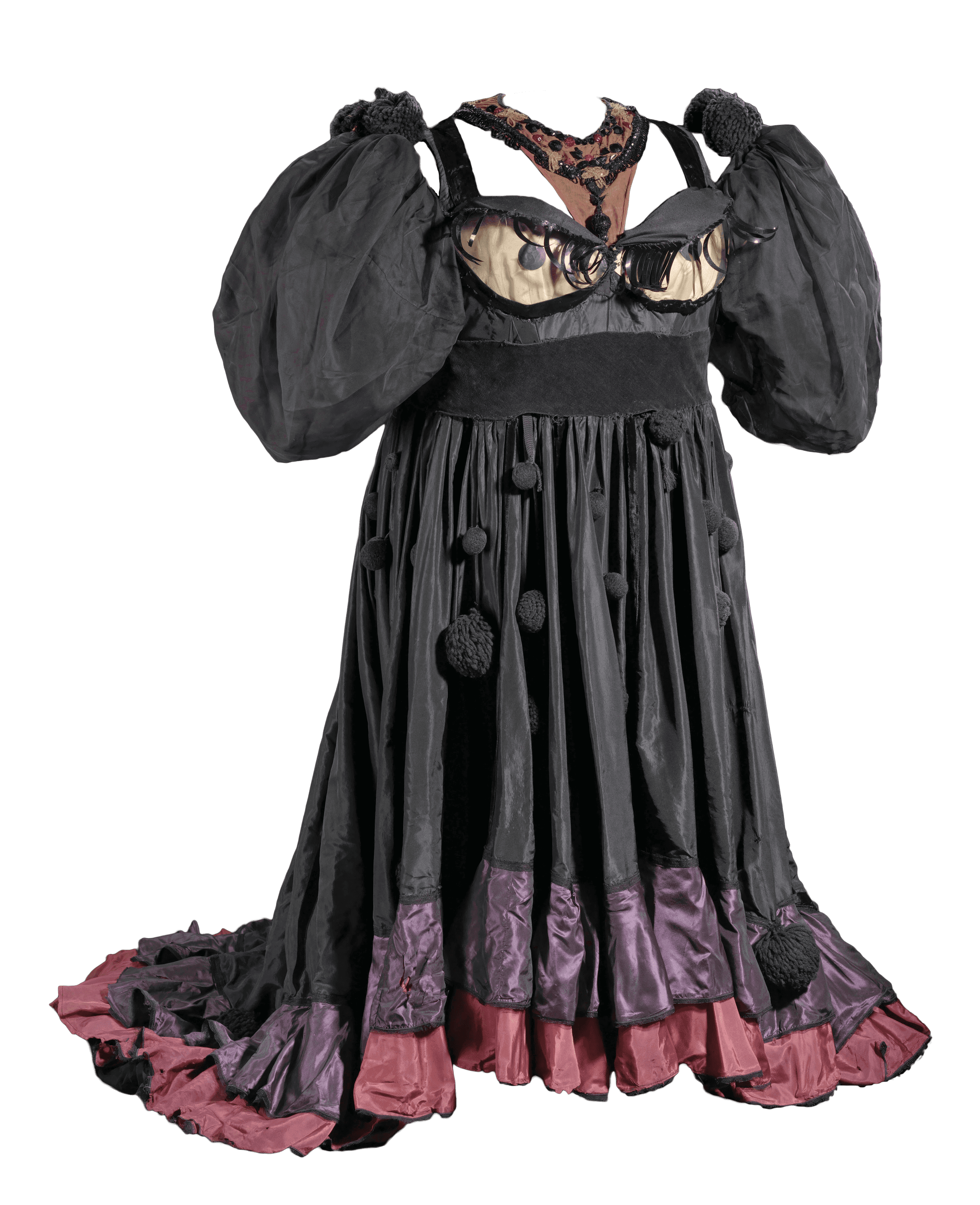 A large, floor length black costume gown with oversized puffy sleeves and petticoat for Evillene in The Wiz.