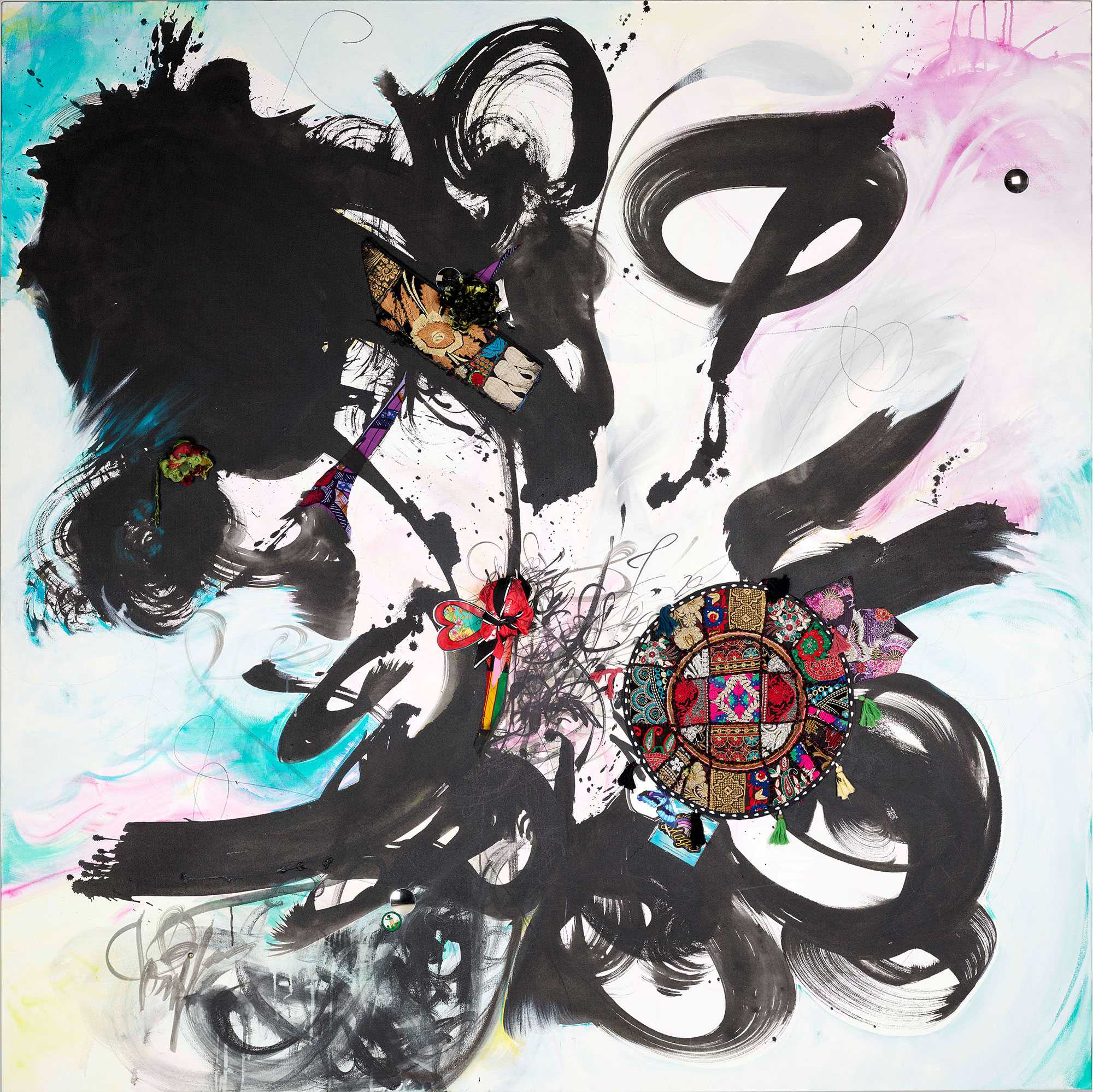 Abstract painting with bold black brushstrokes, colorful details, and circular patterns on a light background.