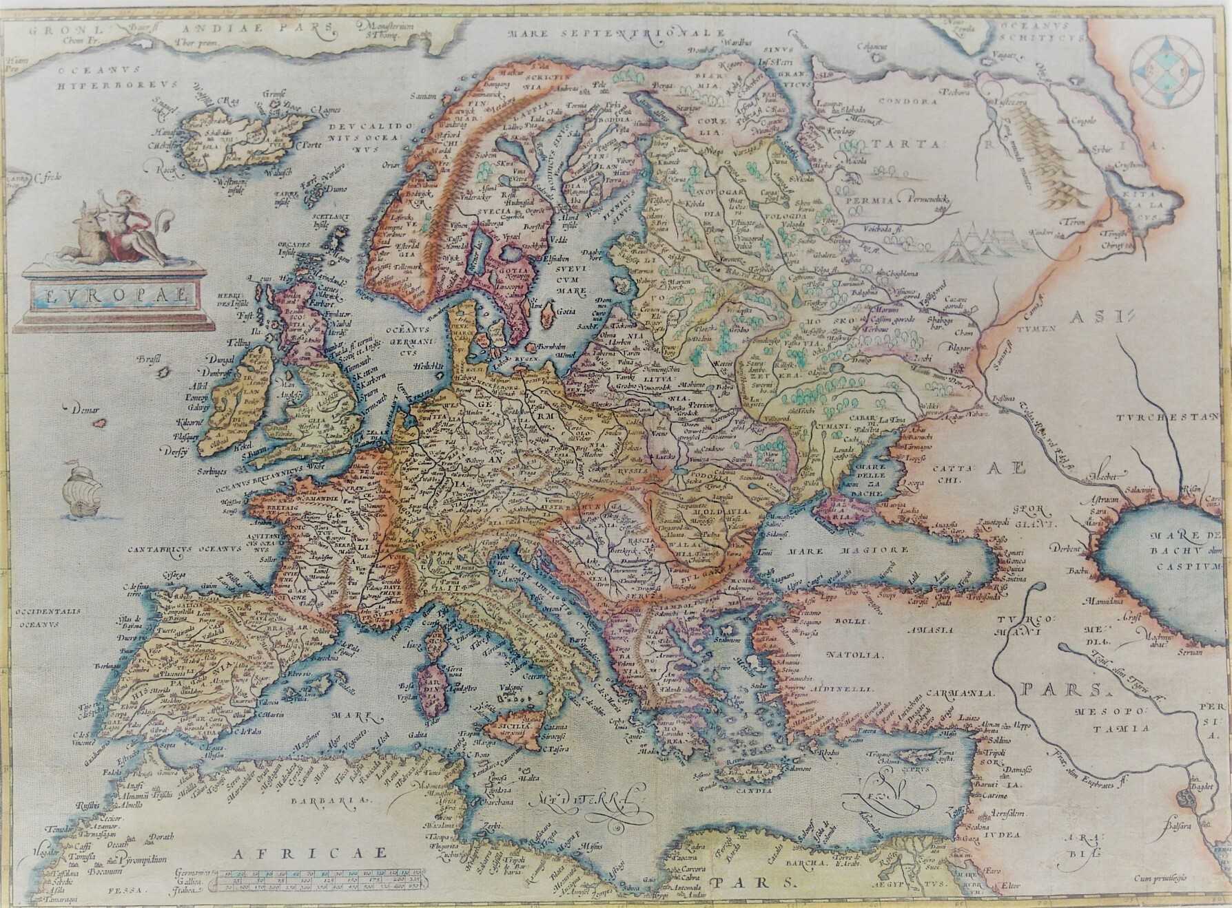 A map of Europe from 1572. Most countries are outlined with a vibrant color and cities and towns are labeled.