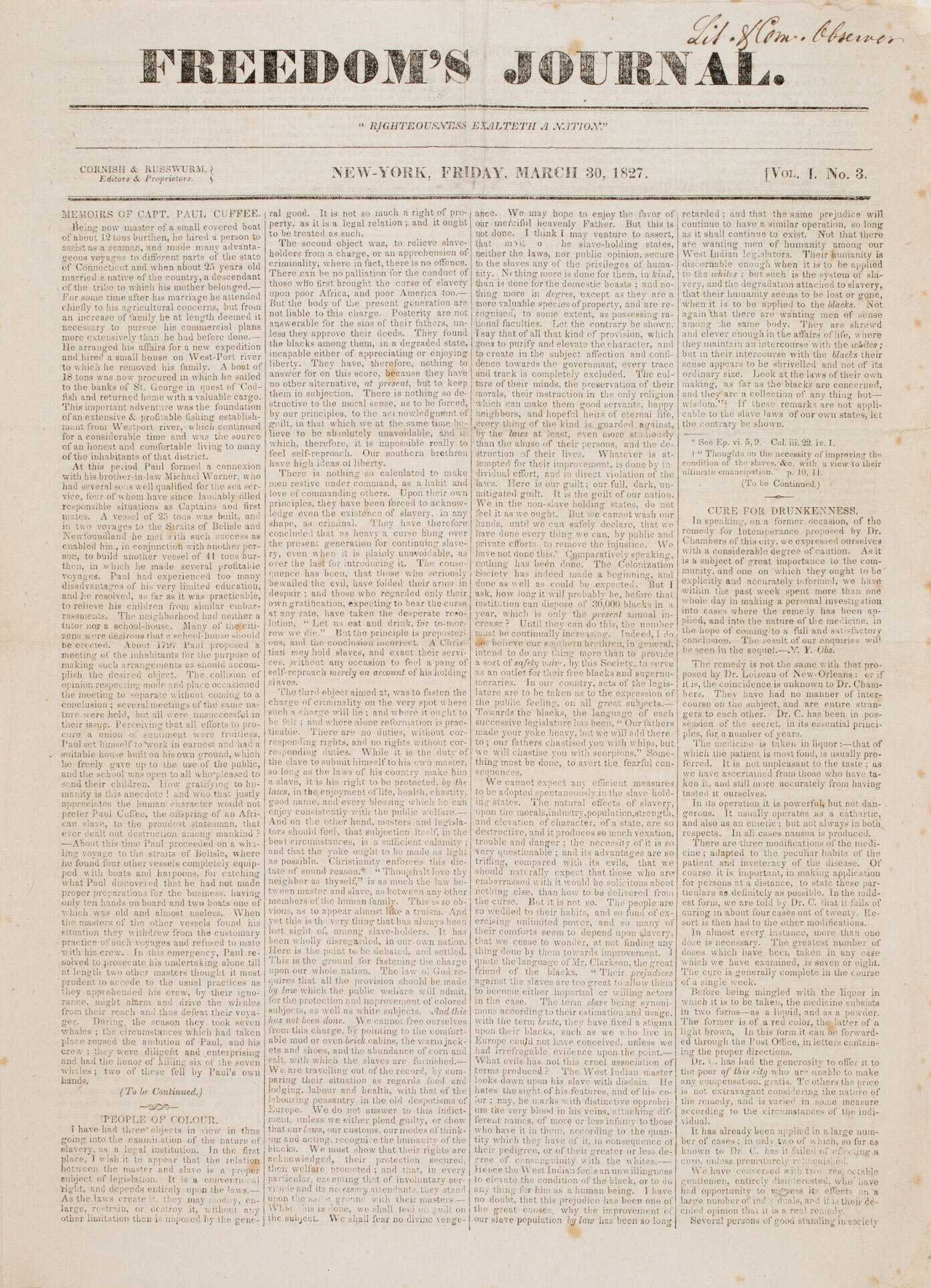 Freedom’s Journal, March 30, 1827 (American Antiquarian Society)