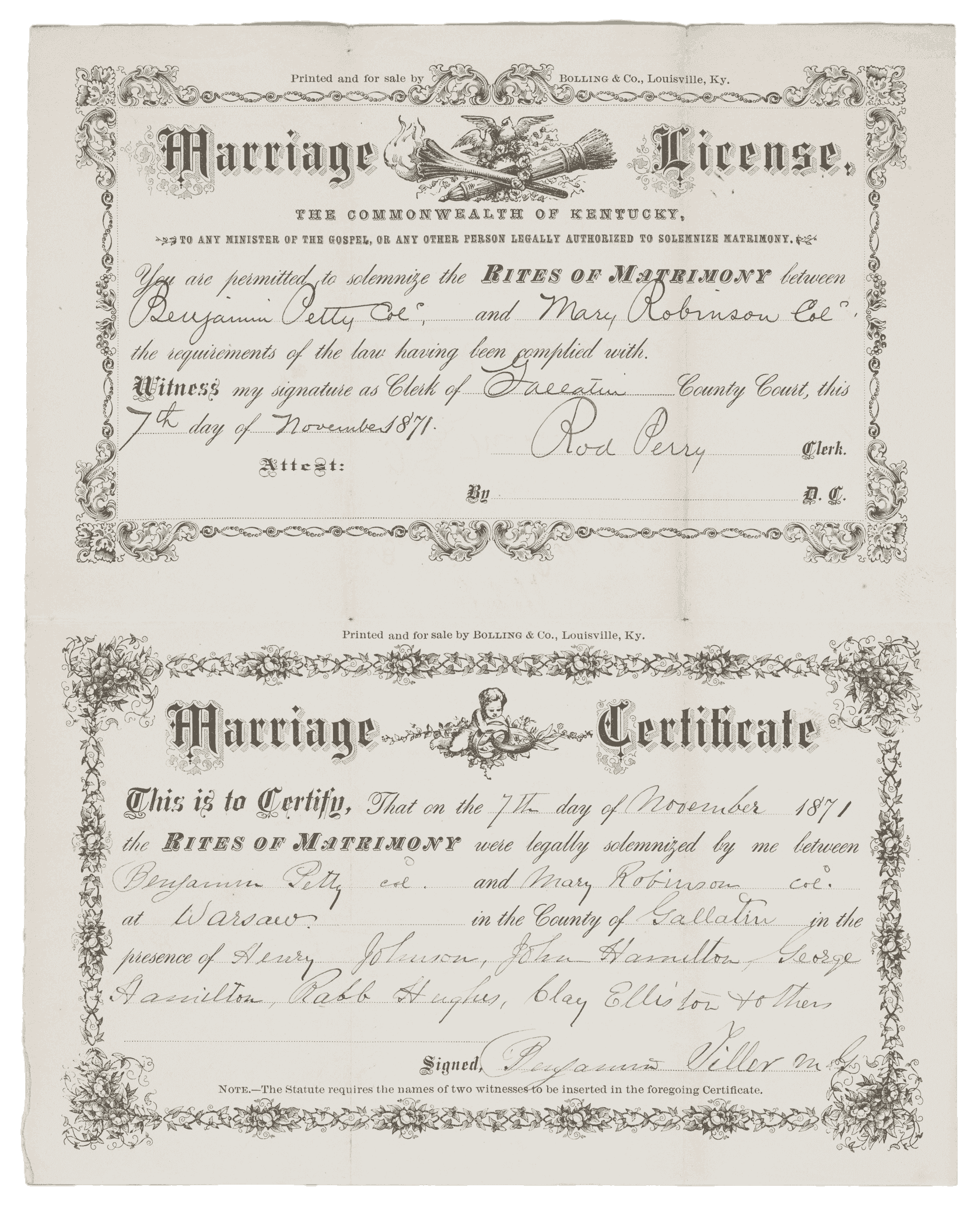 Printed marriage license and certificate for Benjamin Petty and Mary issued on November 7, 1871 in Kentucky.