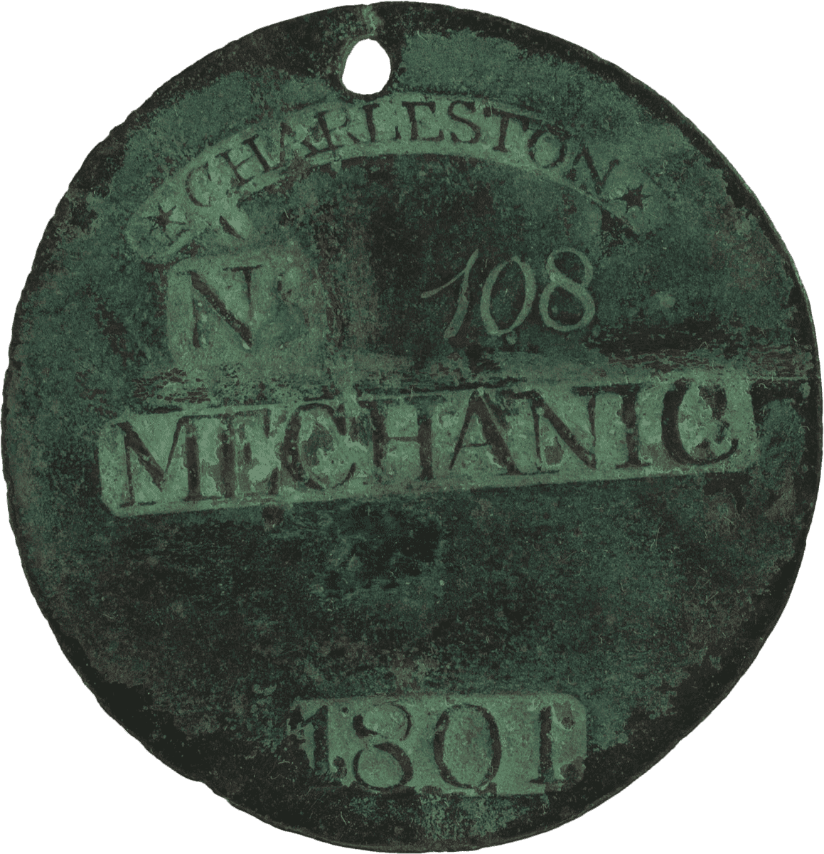 Photograph of circular copper slave badge.