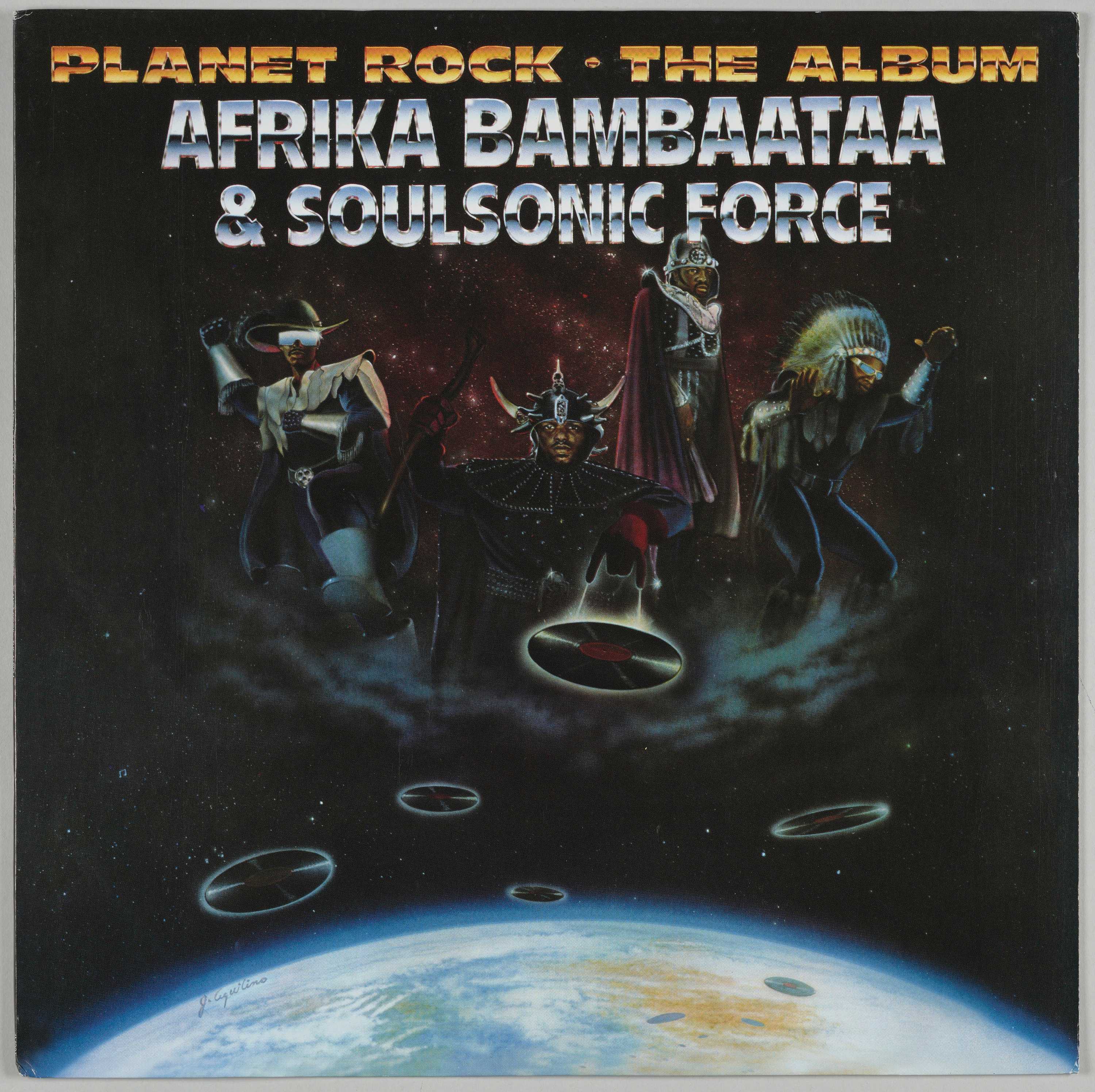 The cover of Planet Rock has the band floating in space, above the earth, in different costumes.
