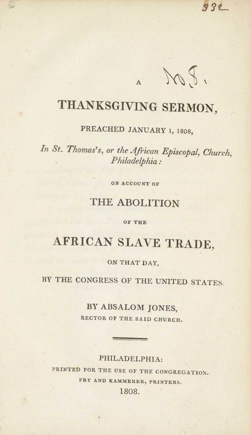 Title page of Absalom Jones’s Thanksgiving Sermon