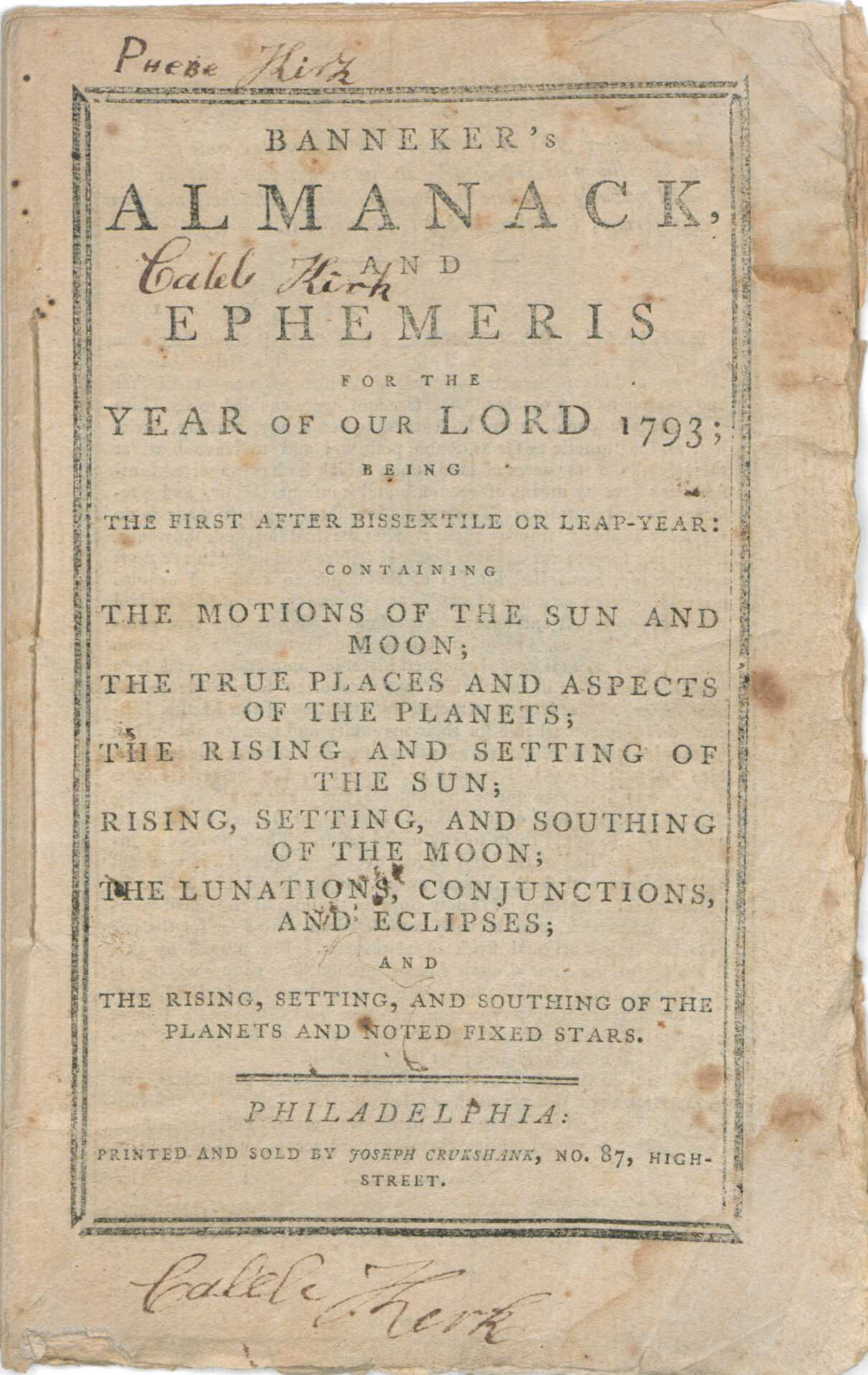 This Banneker's Almanack is a 48-page printed booklet printed in 1793. The almanac is a booklet comprised of 8 segments of folded paper, bound together by two stitches of cream-colored thread on the left-hand side that are knotted at the back. The top edge of the booklet is trimmed, but the side and bottom edges are not. The pages are unnumbered. Pages 37-40 are uncut along the top edge.

Banneker's Almanack contains a varied assortment of information. Primarily an annual calendar, each month is listed along with important dates, statistical information, phases of the moon, astronomical data, and tide tables. The Almanack also includes political and social commentary most notably on anti-slavery issues. Banneker included abstracts such as, “A Plan of a Peace-Office, for the United States”, “Extracts from the Debates in the Last Session of the British Parliament, Apr. 1792”, “Extract from Jefferson’s Notes on Virginia”, “Extract from Wilkinson’s Appeal to England on Behalf of the Abused Africans”, poetry, Census data, tables of interest at 5% and 7%, currency exchanges, roads and mileage from various starting points to nearby towns and cities, and information about Federal, State and Local courts.