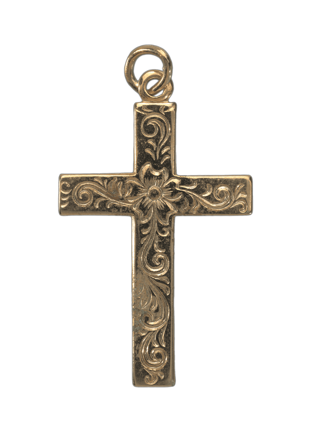 A decorative cross pendant with a small jump ring. The decorative pattern has a wavy, florally look.