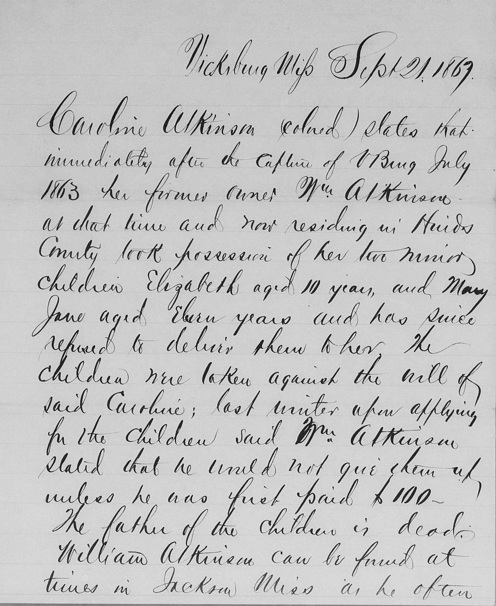 A handwritten letter from Caroline Atkinson's Statement to the Freedmen's Bureau.