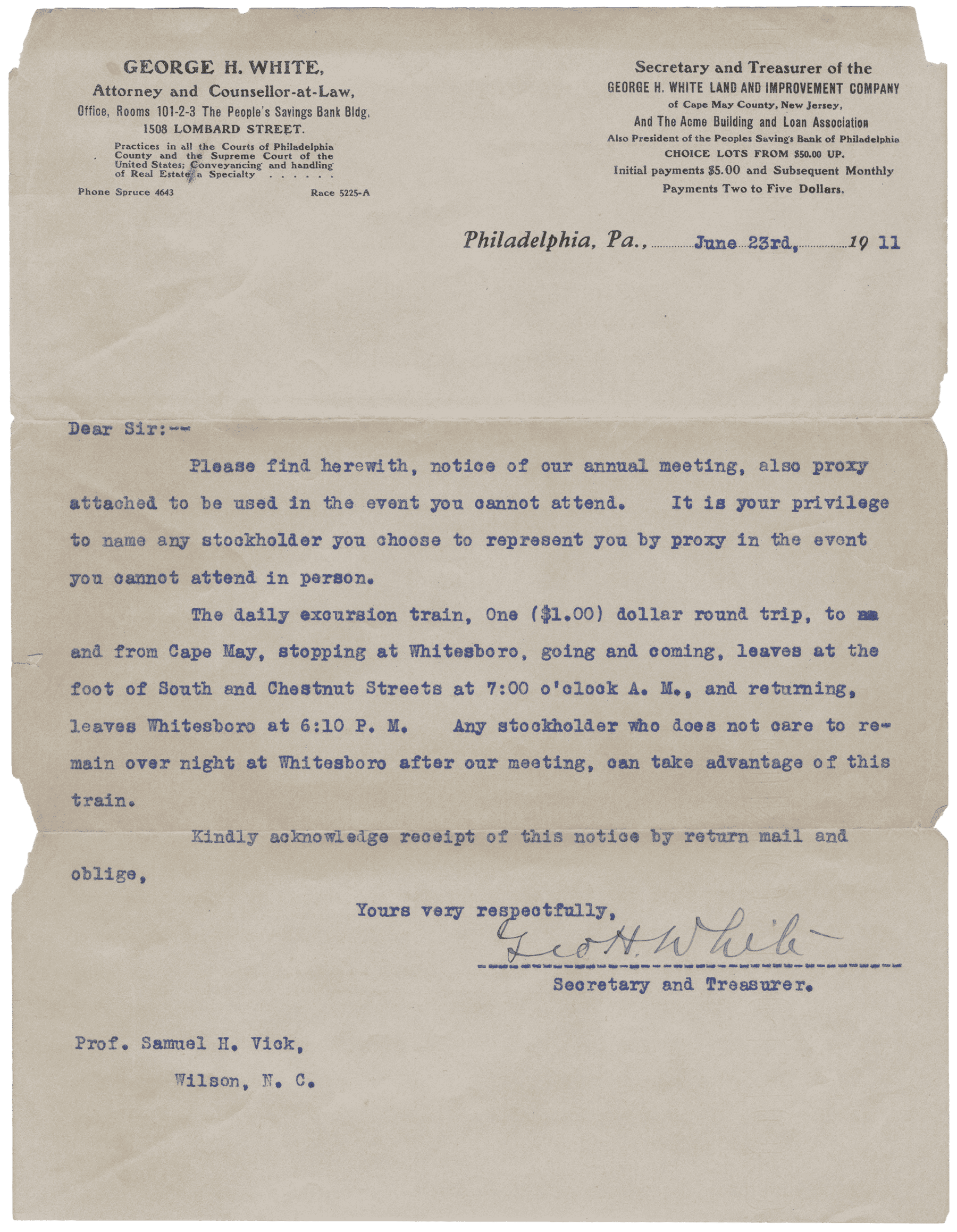 A typed letter from George H. White to Samuel H. Vick discussing sending a representative to a meeting.
