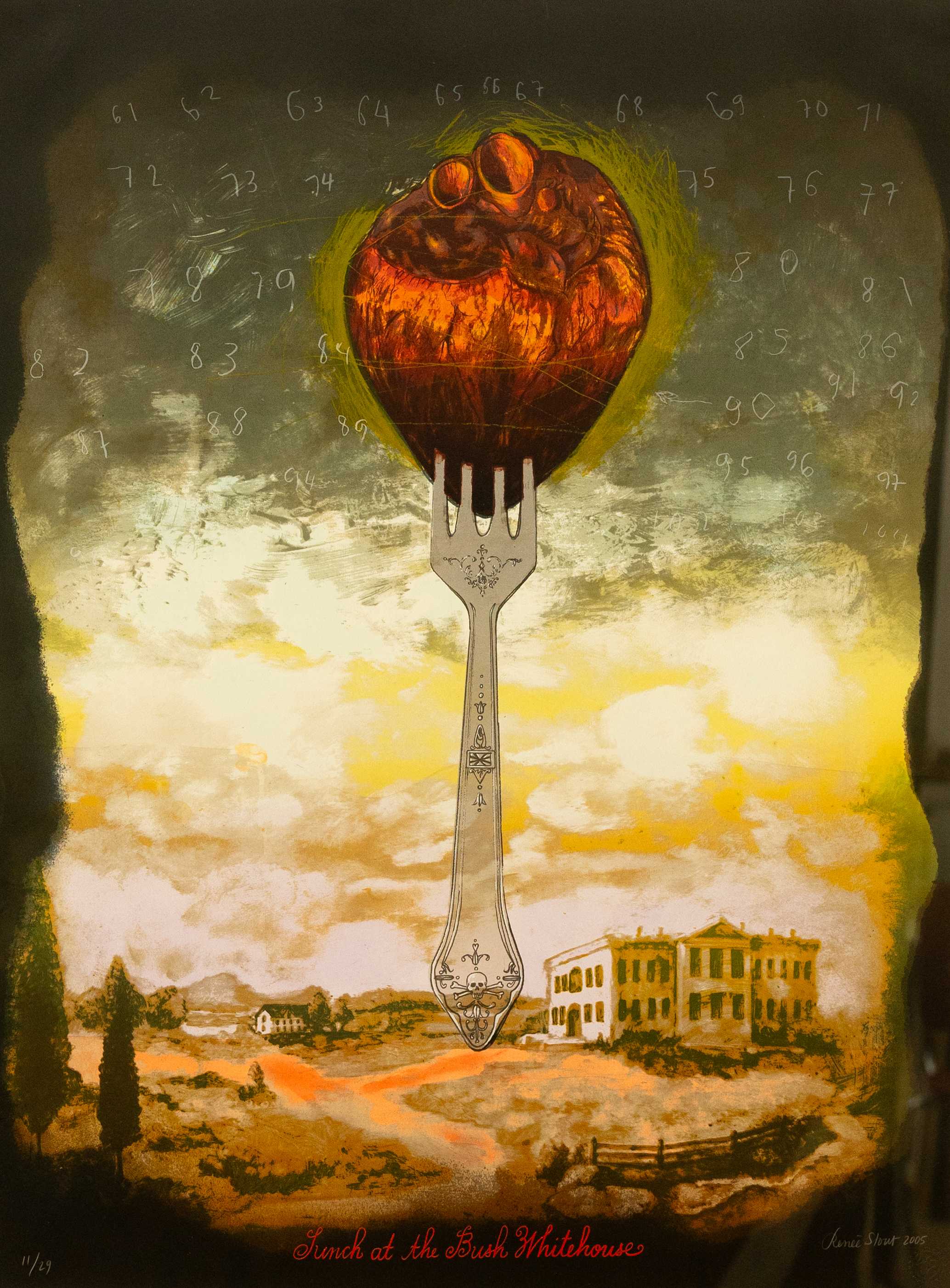 Image that features a large, realistic heart impaled on a fork, positioned above a depiction of the White House.