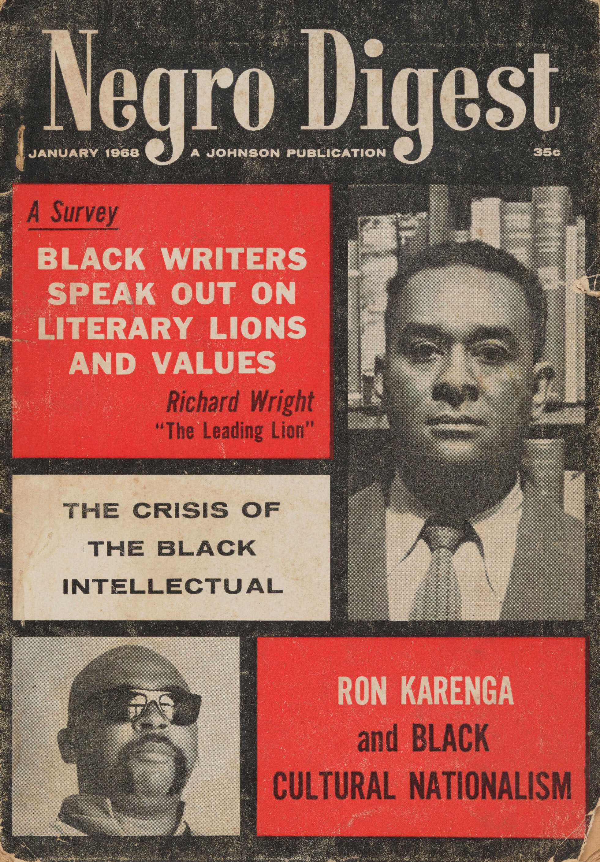 Publication of "Negro Digest" featuring two (2) black and white images, one of Richard Wright on the right side, middle, and one of Ron Karenga in the lower left corner.
