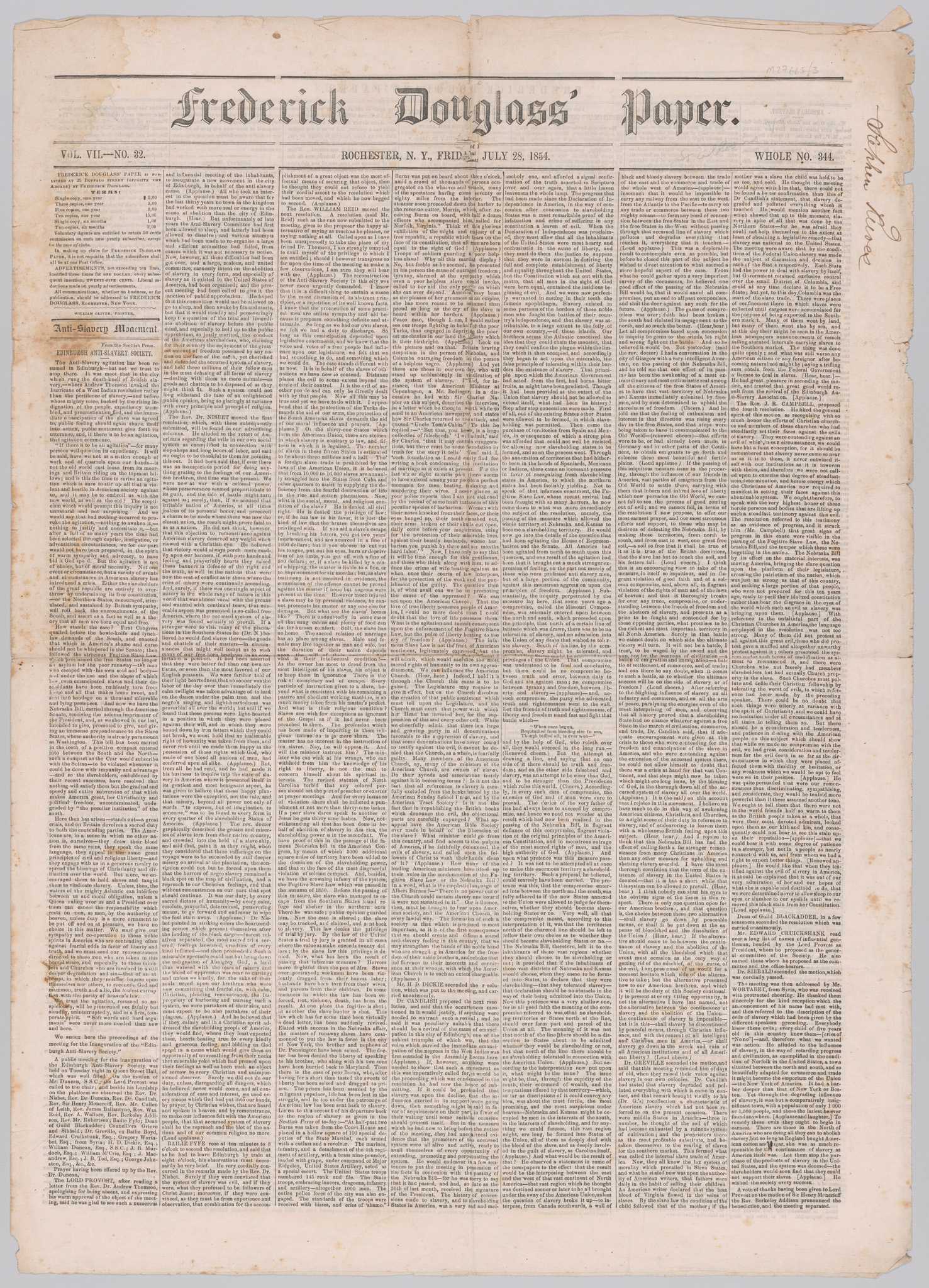 The July 28, 1854 issue of Frederick Douglass' Paper, a Rochester-based weekly newspaper published and edited by Frederick Douglass that centered on antislavery efforts and other social reform causes. The title [Frederick Douglass' Paper] is printed in large text across the top, just underneath the title are the issue details printed between two horizontal black lines: [Vol. VII, No. 32, ROCHESTER, N.Y. FRIDAY JULY 28, 1854., Whole Number 344]. The text of the paper is densely concentrated in seven vertical columns and there is both a vertical and horizontal crease through the center. An inscription of the name [Stephen Reeves] is written in black ink at the top right corner of the front page. The last page contains a large advertisement: "Call for a National Emigration Convention of Colored Men to be held in Cleveland Ohio" and is signed in print by Martin R. Delany.