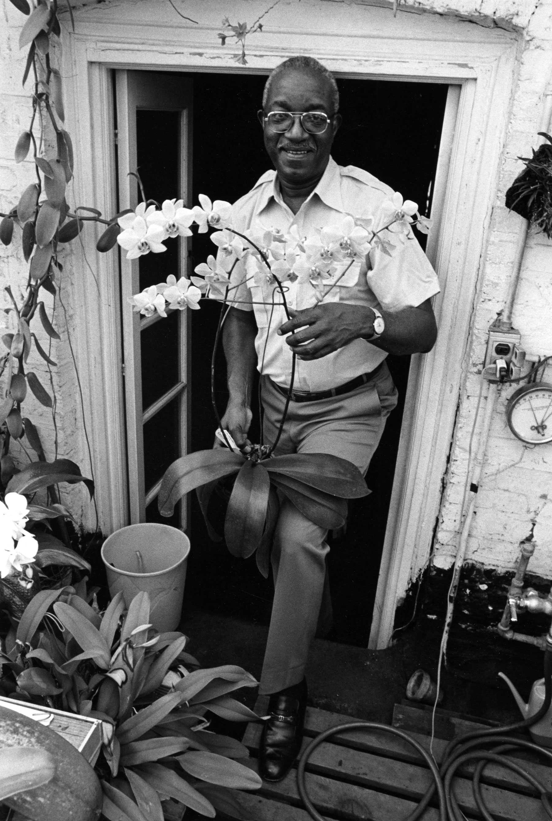 Man standing in a doorway holding an orchid, surrounded by plants.