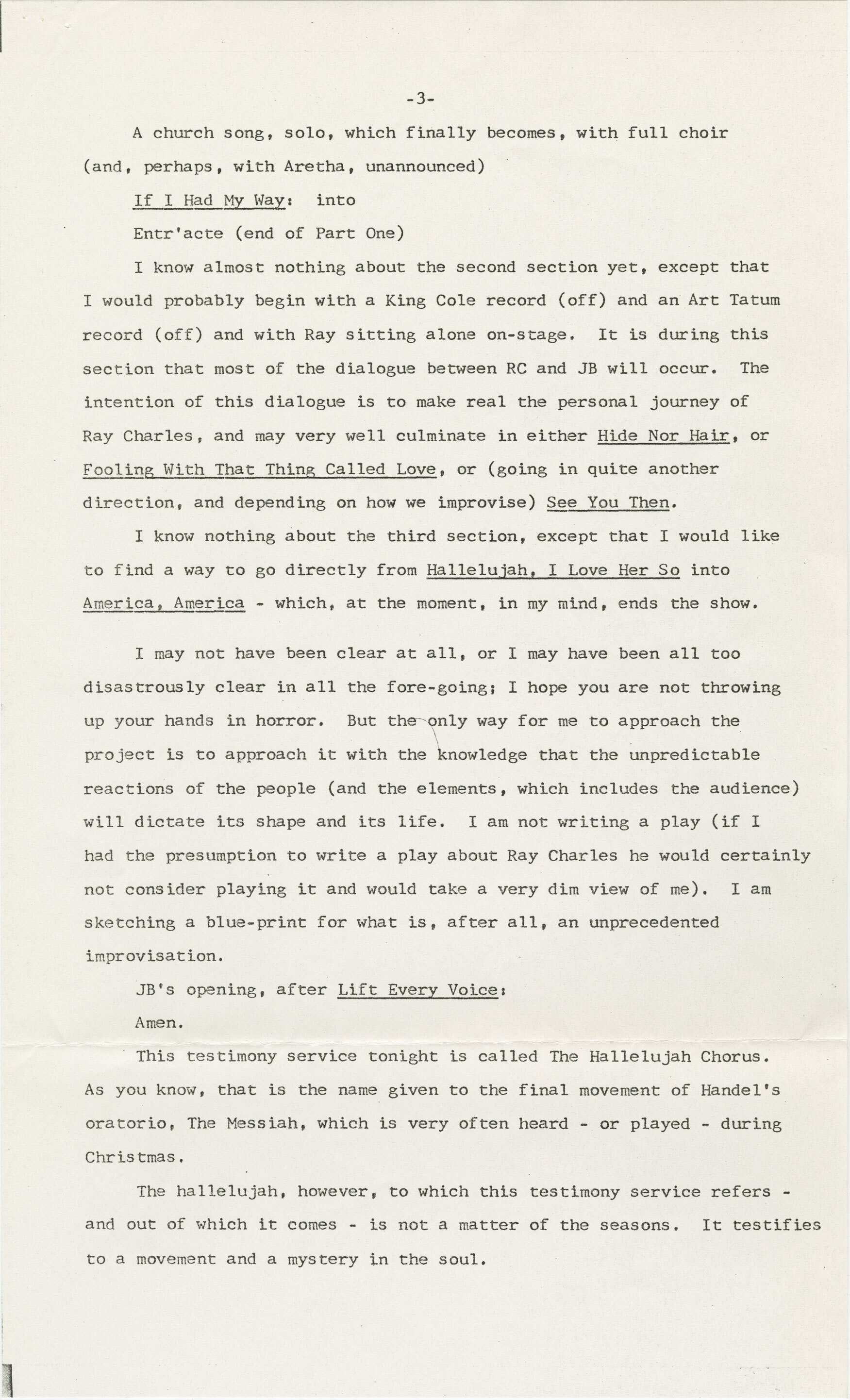 Image of a page of James Baldwin's Hallelujah Chorus. The text is typed in black ink on white paper.