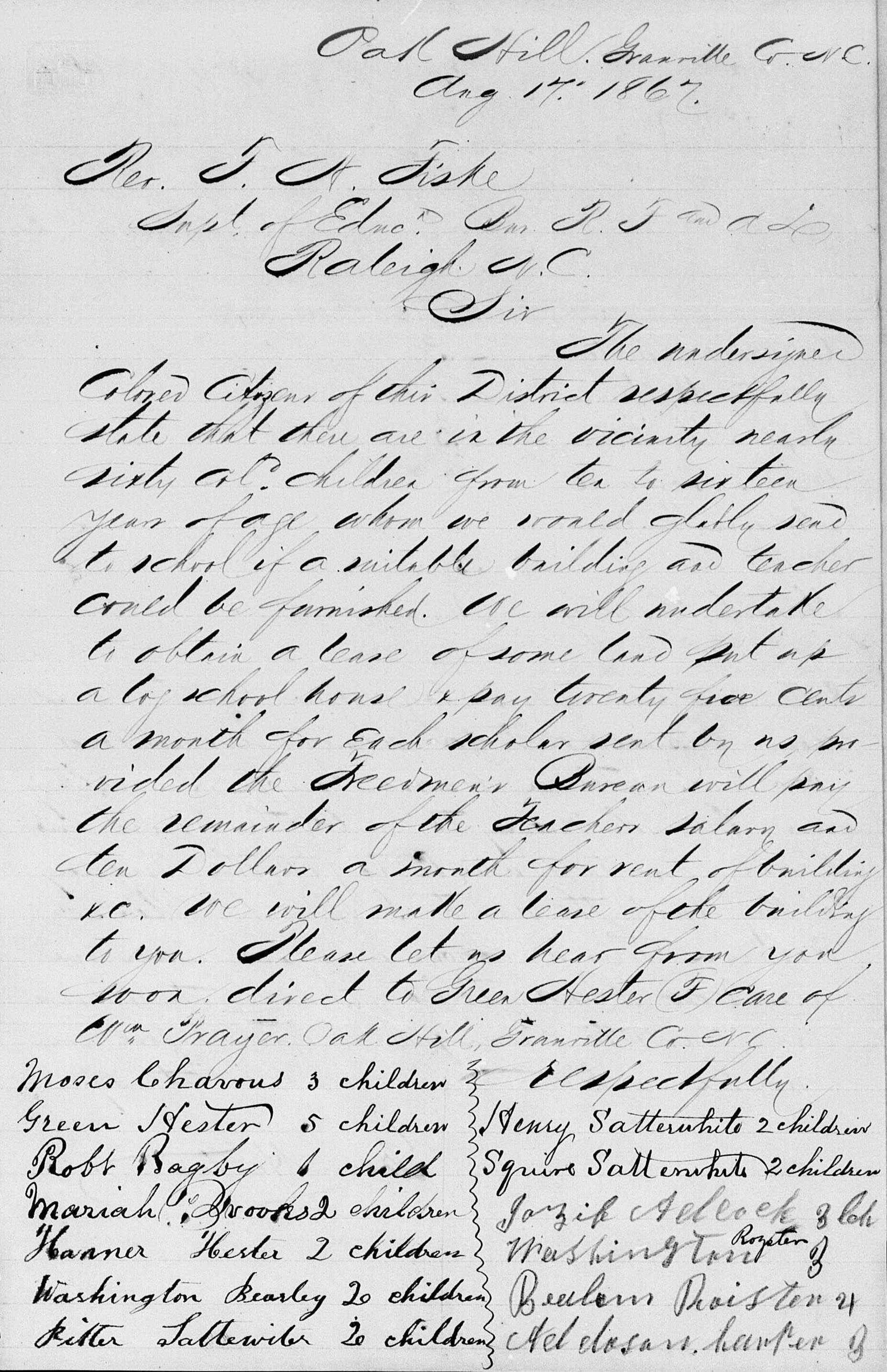A handwritten petition sent to the Freedmen’s Bureau. The cursive writing fills the page and has people's names listed at the bottom.