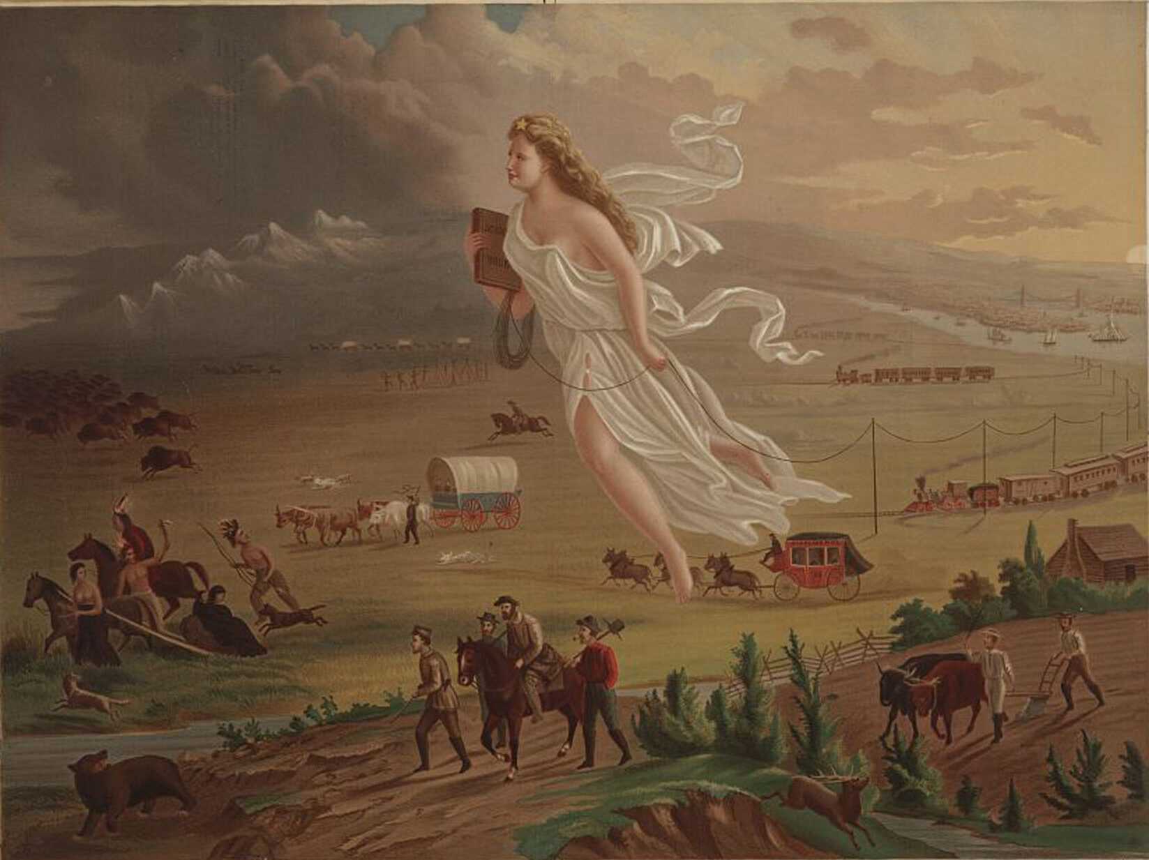 Painting of white female angel floating over farmland